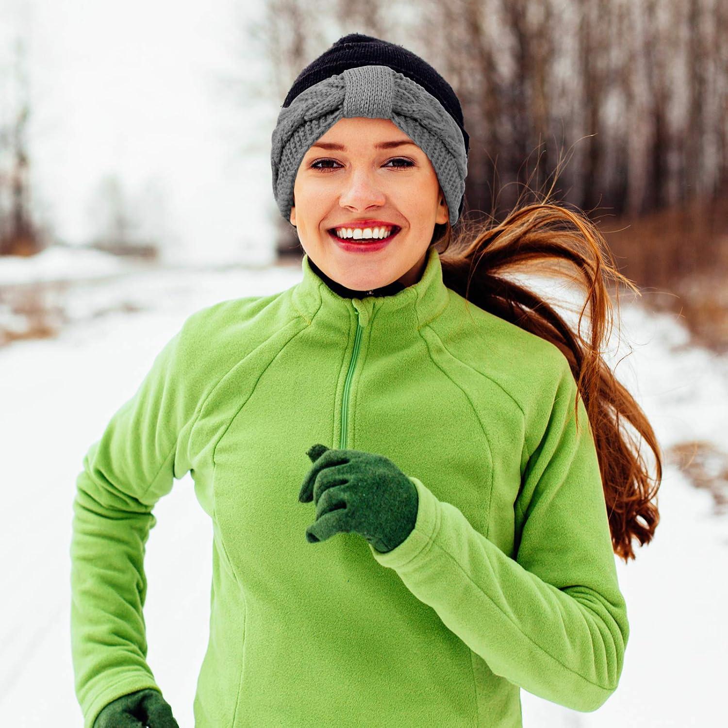 imageWhaline 4 Pack Twisted Knit Headbands Winter Knotted Head Wraps Fuzzy Lined Headband Thick Crochet Turban Ear Warmer Elastic Hair Band Accessories for Women White Pink Black GreyLight Color