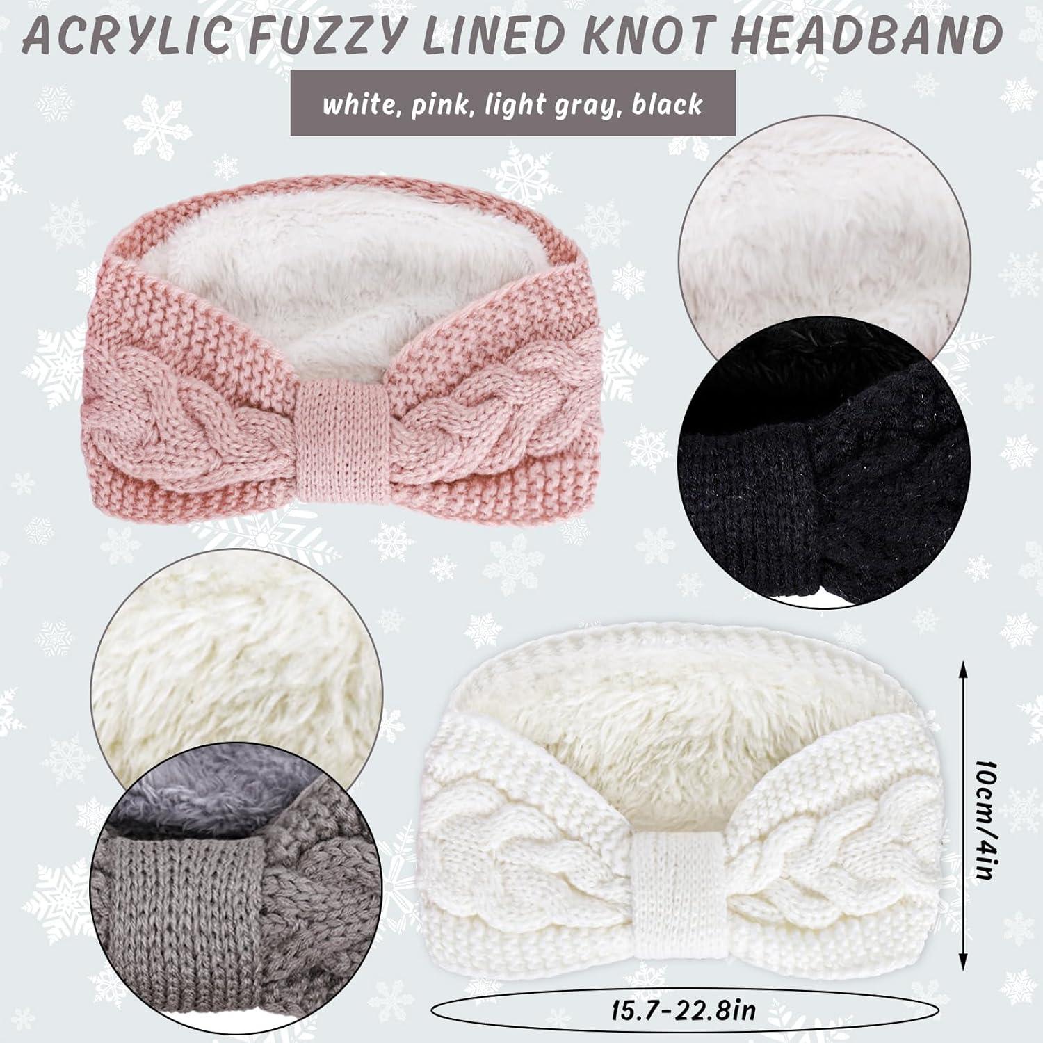 imageWhaline 4 Pack Twisted Knit Headbands Winter Knotted Head Wraps Fuzzy Lined Headband Thick Crochet Turban Ear Warmer Elastic Hair Band Accessories for Women White Pink Black GreyWhite Black