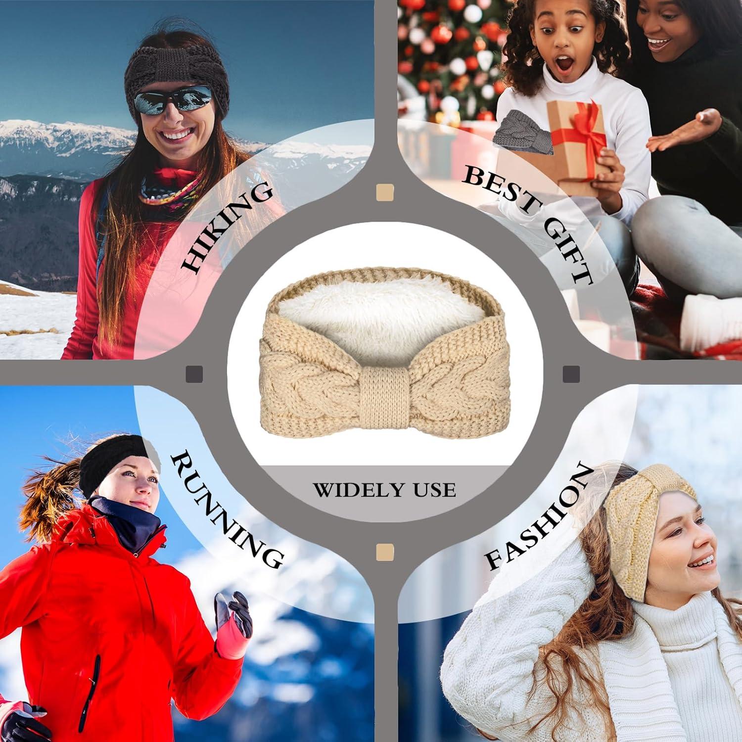 imageWhaline 4 Pack Twisted Knit Headbands Winter Knotted Head Wraps Fuzzy Lined Headband Thick Crochet Turban Ear Warmer Elastic Hair Band Accessories for Women White Pink Black GreyGrey Black