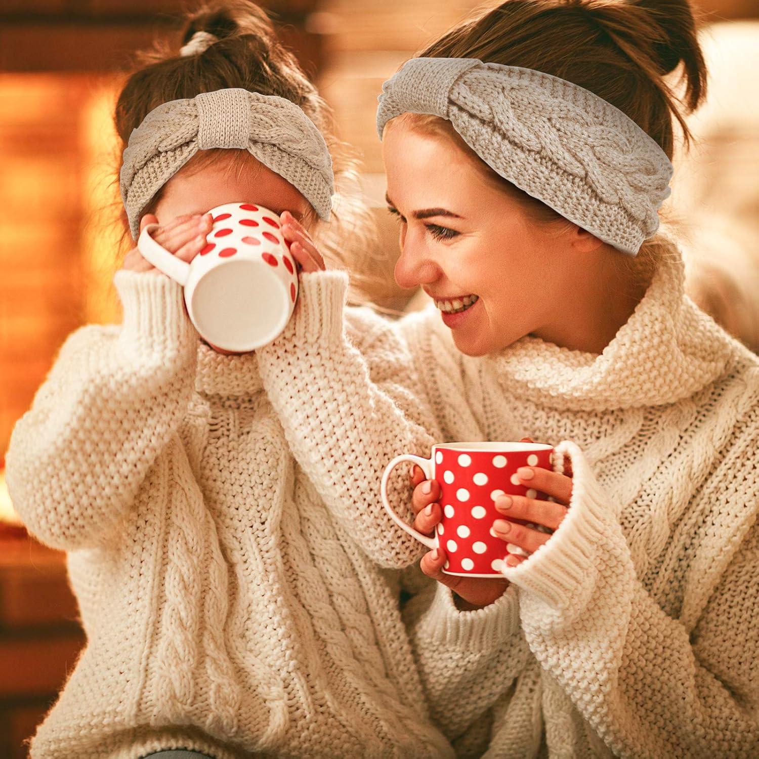 imageWhaline 4 Pack Twisted Knit Headbands Winter Knotted Head Wraps Fuzzy Lined Headband Thick Crochet Turban Ear Warmer Elastic Hair Band Accessories for Women White Pink Black GreyLight Color