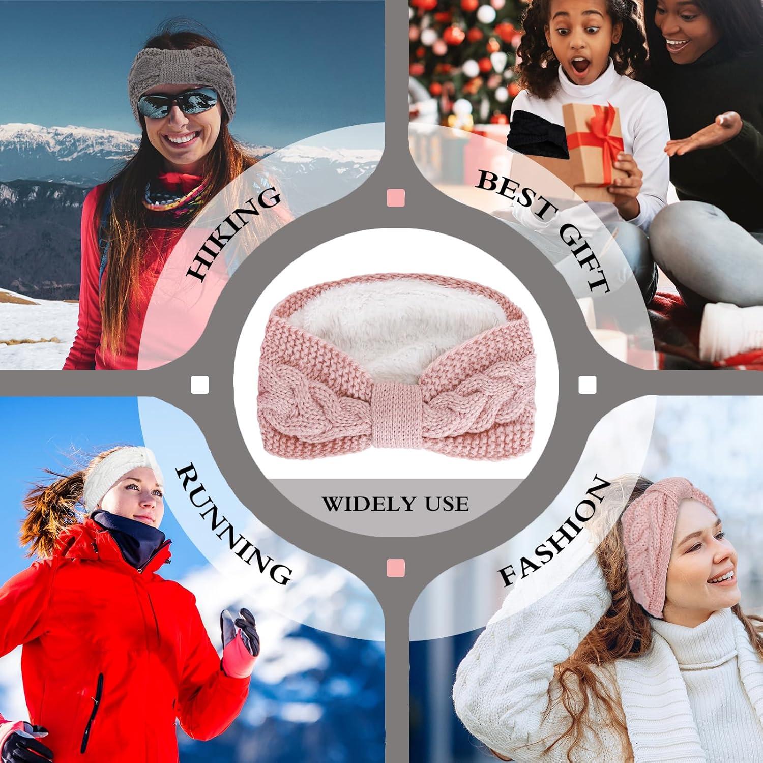 imageWhaline 4 Pack Twisted Knit Headbands Winter Knotted Head Wraps Fuzzy Lined Headband Thick Crochet Turban Ear Warmer Elastic Hair Band Accessories for Women White Pink Black GreyWhite Black