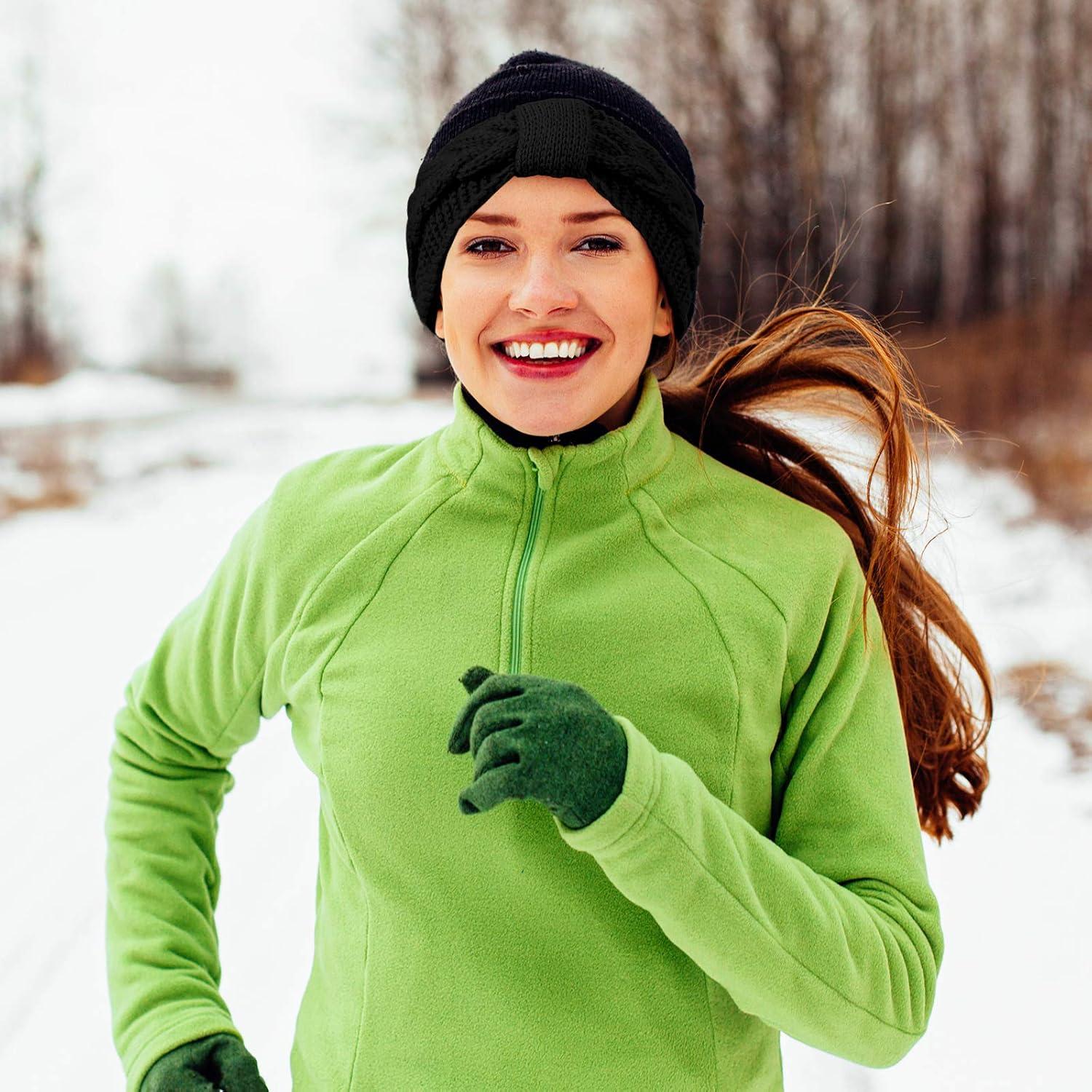 imageWhaline 4 Pack Twisted Knit Headbands Winter Knotted Head Wraps Fuzzy Lined Headband Thick Crochet Turban Ear Warmer Elastic Hair Band Accessories for Women White Pink Black GreyDark Color