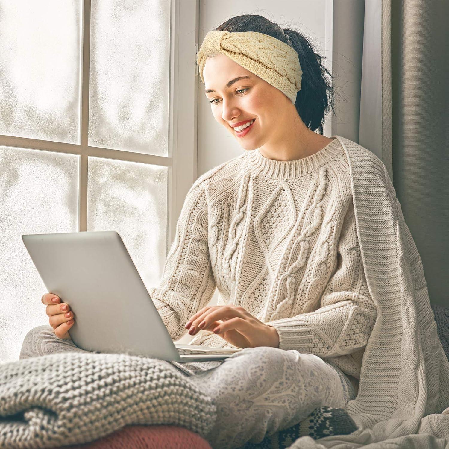 imageWhaline 4 Pack Twisted Knit Headbands Winter Knotted Head Wraps Fuzzy Lined Headband Thick Crochet Turban Ear Warmer Elastic Hair Band Accessories for Women White Pink Black GreyLight Color