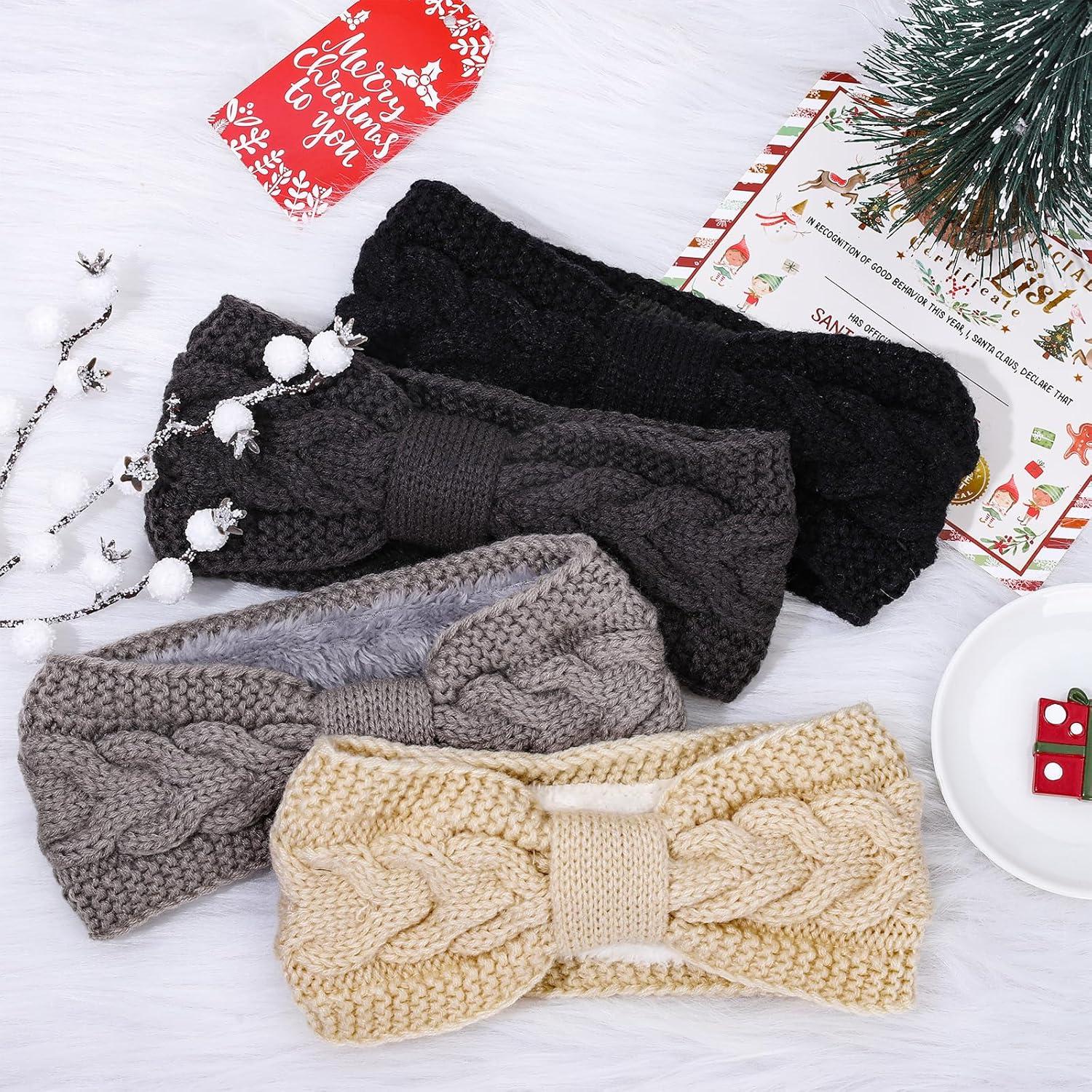 imageWhaline 4 Pack Twisted Knit Headbands Winter Knotted Head Wraps Fuzzy Lined Headband Thick Crochet Turban Ear Warmer Elastic Hair Band Accessories for Women White Pink Black GreyGrey Black