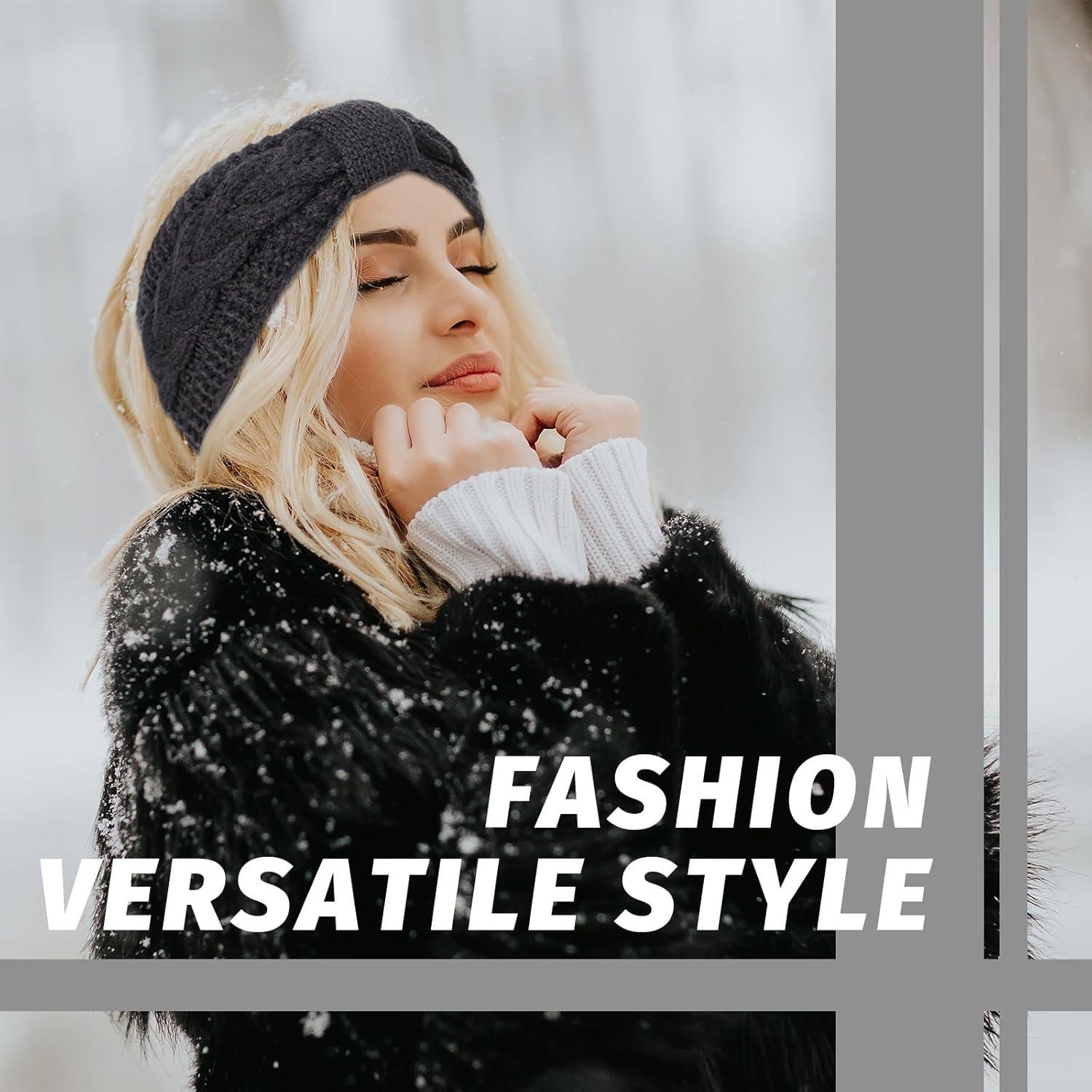 imageWhaline 4 Pack Twisted Knit Headbands Winter Knotted Head Wraps Fuzzy Lined Headband Thick Crochet Turban Ear Warmer Elastic Hair Band Accessories for Women White Pink Black GreyGrey Black