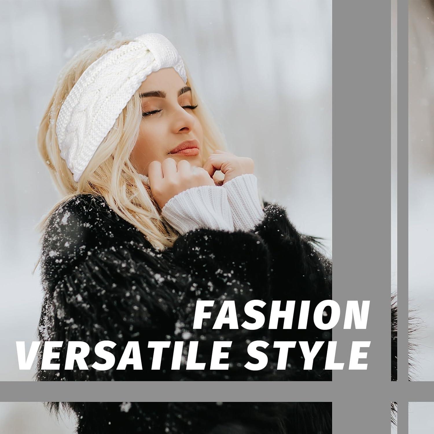 imageWhaline 4 Pack Twisted Knit Headbands Winter Knotted Head Wraps Fuzzy Lined Headband Thick Crochet Turban Ear Warmer Elastic Hair Band Accessories for Women White Pink Black GreyWhite Black