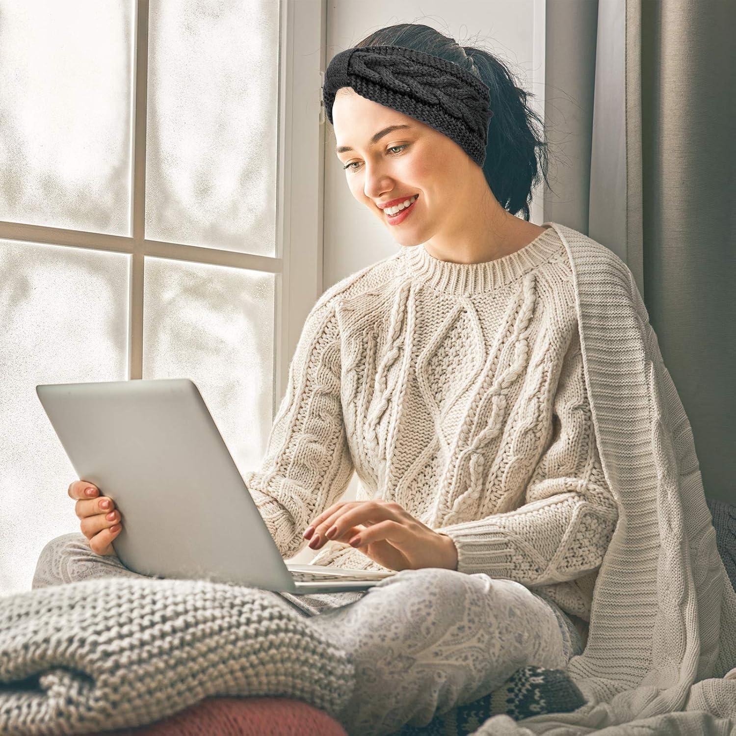 imageWhaline 4 Pack Twisted Knit Headbands Winter Knotted Head Wraps Fuzzy Lined Headband Thick Crochet Turban Ear Warmer Elastic Hair Band Accessories for Women White Pink Black GreyDark Color