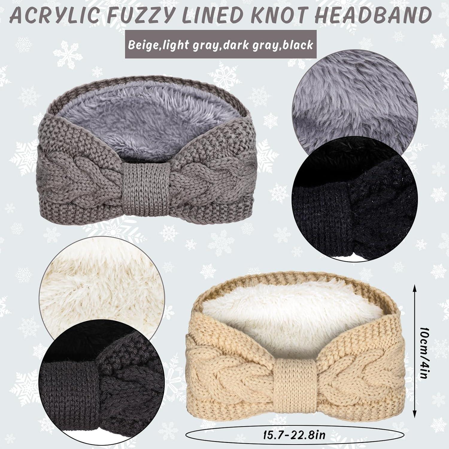 imageWhaline 4 Pack Twisted Knit Headbands Winter Knotted Head Wraps Fuzzy Lined Headband Thick Crochet Turban Ear Warmer Elastic Hair Band Accessories for Women White Pink Black GreyGrey Black