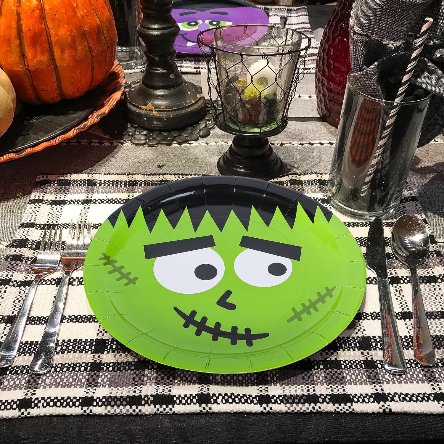 imageWhaline 40 Pack Halloween Paper Plates 4 Design Pumpkin Monster Bat Disposable Plates Colorful Round Tableware for Halloween Party Holiday Dinner Tableware Decoration Supplies 9 Inch