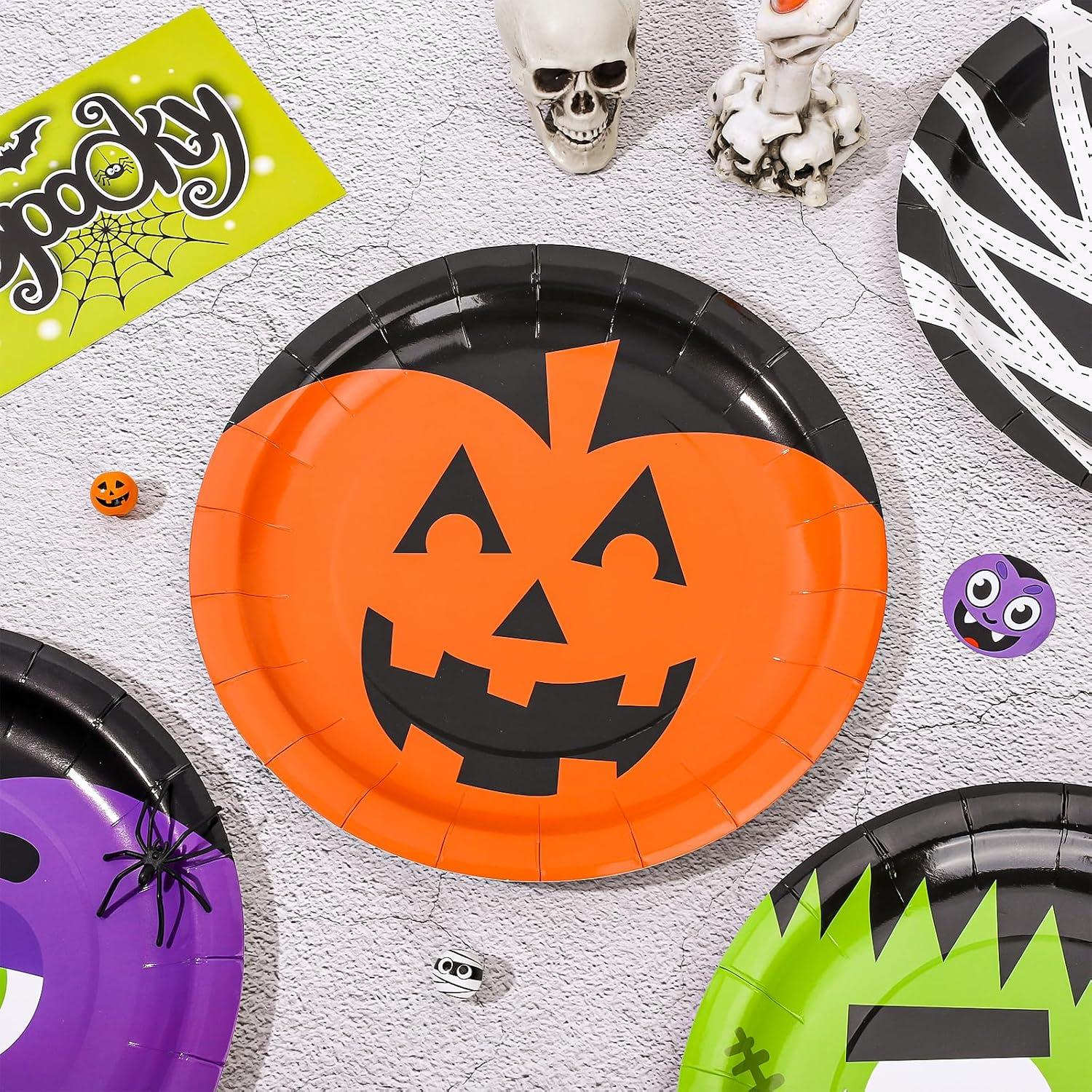 imageWhaline 40 Pack Halloween Paper Plates 4 Design Pumpkin Monster Bat Disposable Plates Colorful Round Tableware for Halloween Party Holiday Dinner Tableware Decoration Supplies 9 Inch