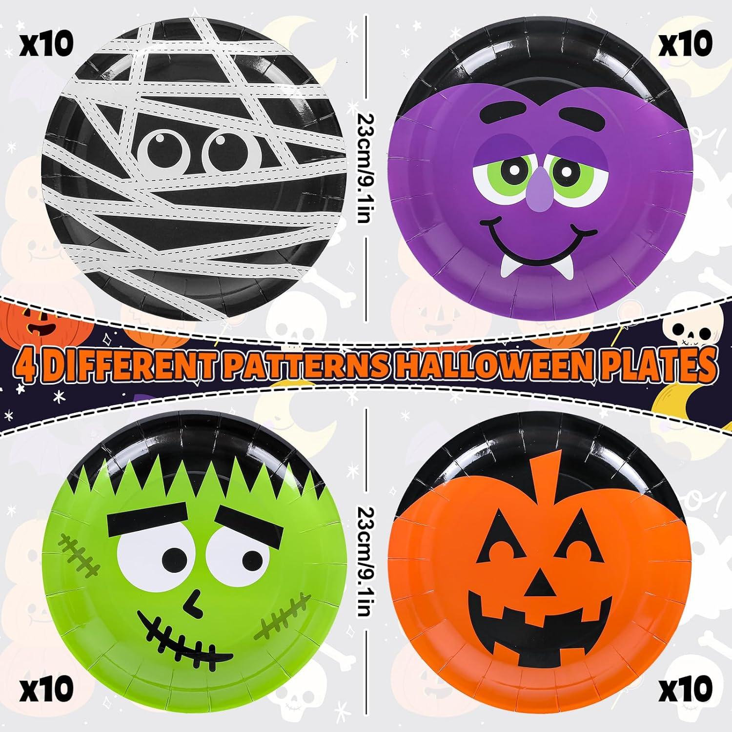 imageWhaline 40 Pack Halloween Paper Plates 4 Design Pumpkin Monster Bat Disposable Plates Colorful Round Tableware for Halloween Party Holiday Dinner Tableware Decoration Supplies 9 Inch