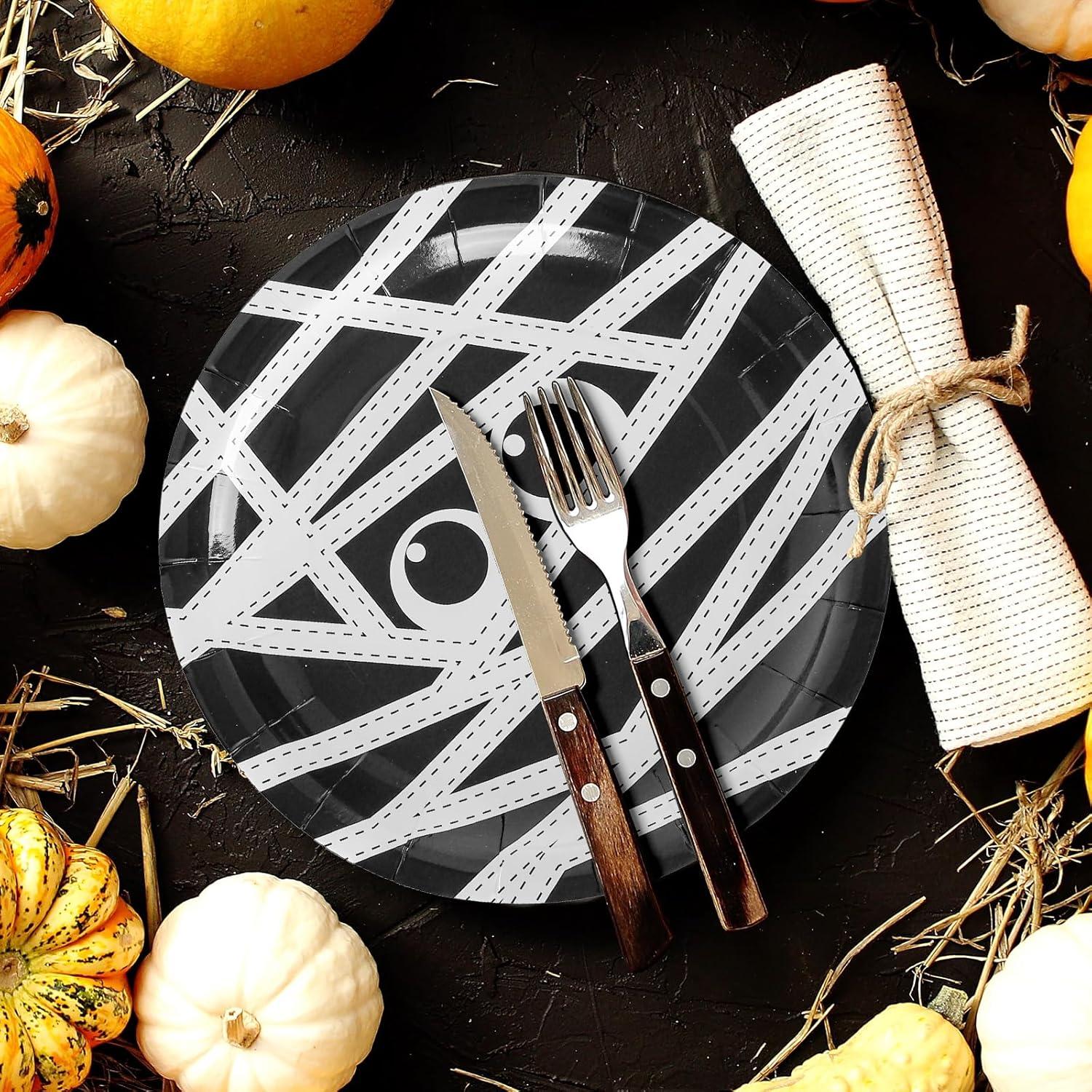 imageWhaline 40 Pack Halloween Paper Plates 4 Design Pumpkin Monster Bat Disposable Plates Colorful Round Tableware for Halloween Party Holiday Dinner Tableware Decoration Supplies 9 Inch