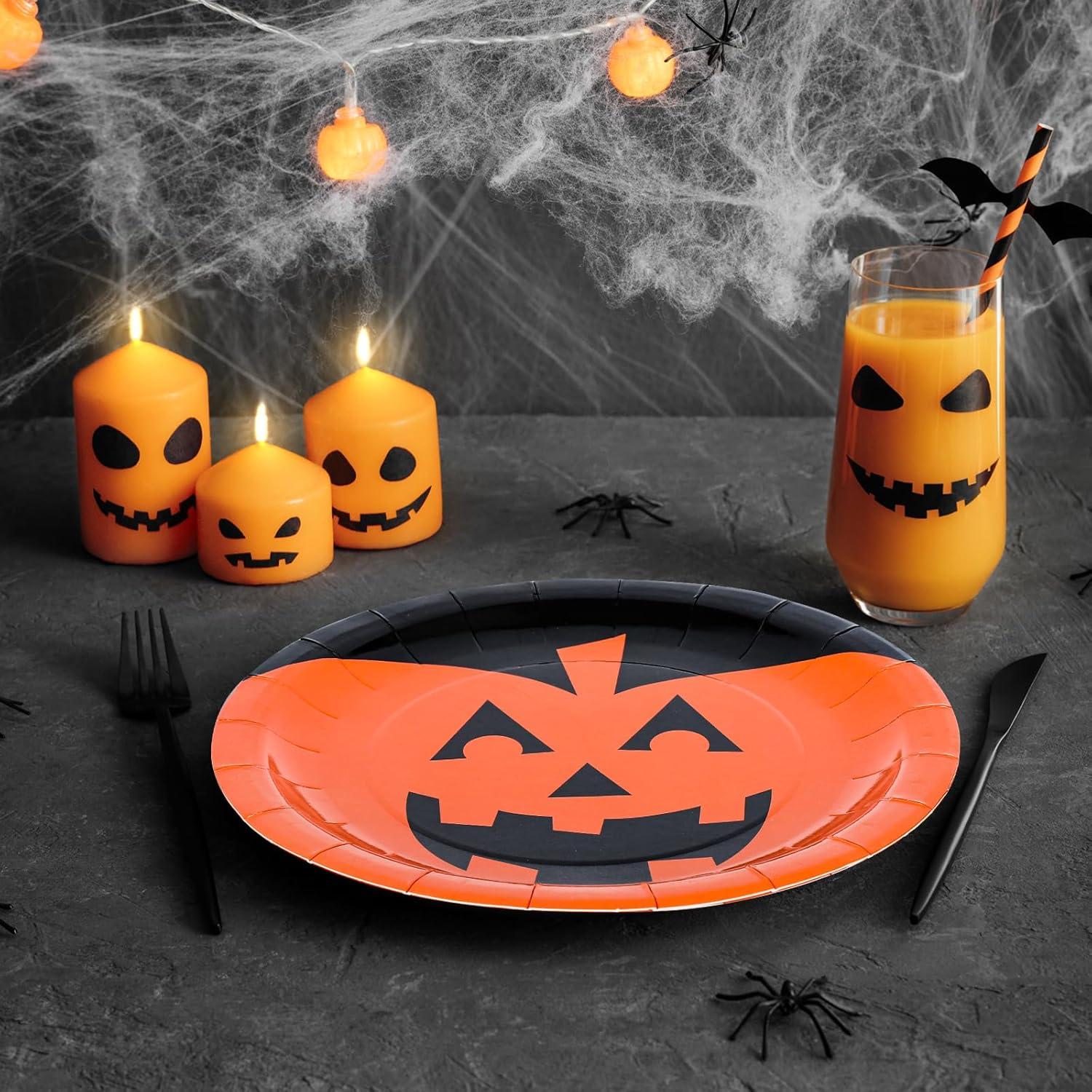 imageWhaline 40 Pack Halloween Paper Plates 4 Design Pumpkin Monster Bat Disposable Plates Colorful Round Tableware for Halloween Party Holiday Dinner Tableware Decoration Supplies 9 Inch