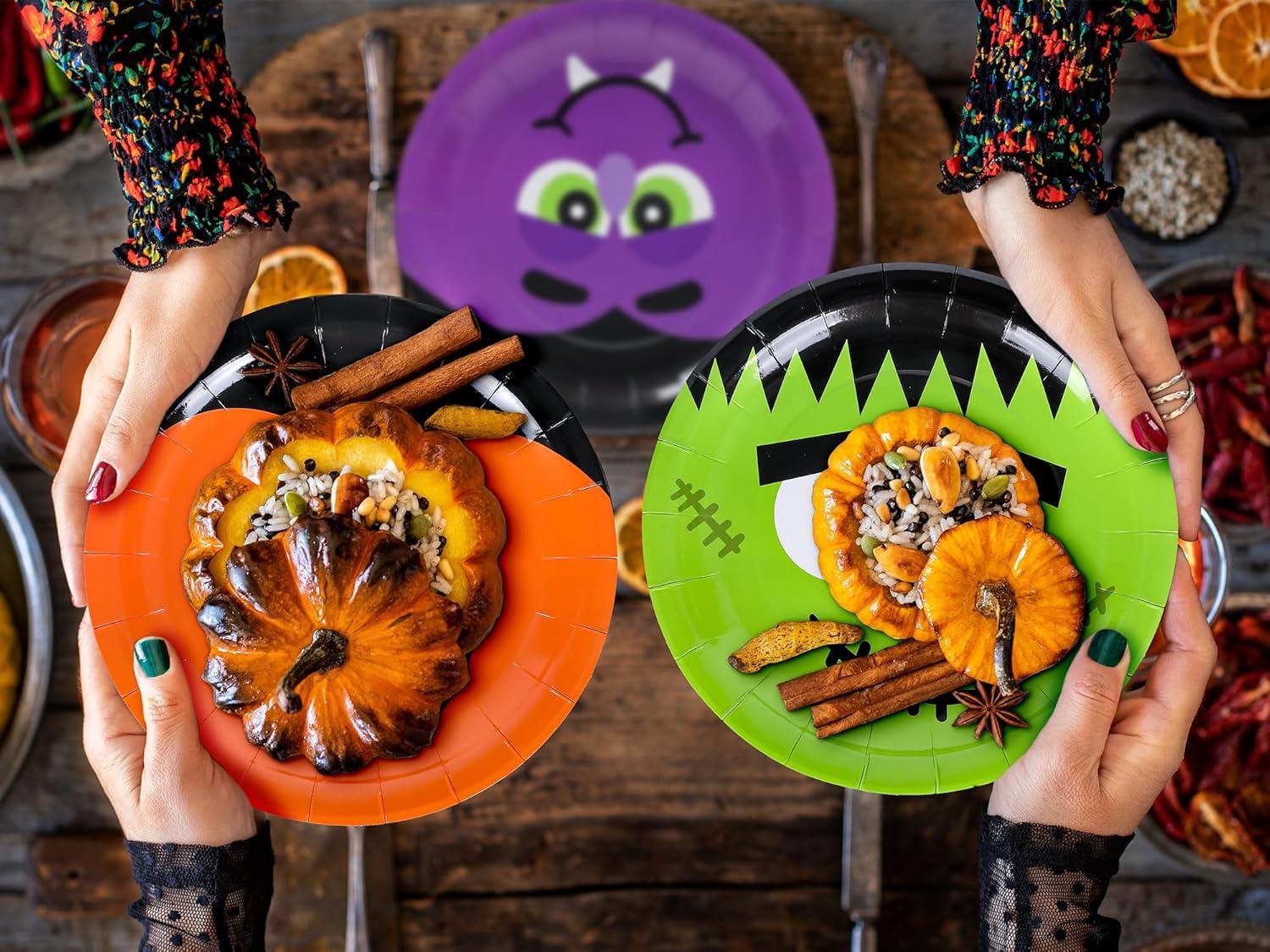 imageWhaline 40 Pack Halloween Paper Plates 4 Design Pumpkin Monster Bat Disposable Plates Colorful Round Tableware for Halloween Party Holiday Dinner Tableware Decoration Supplies 9 Inch