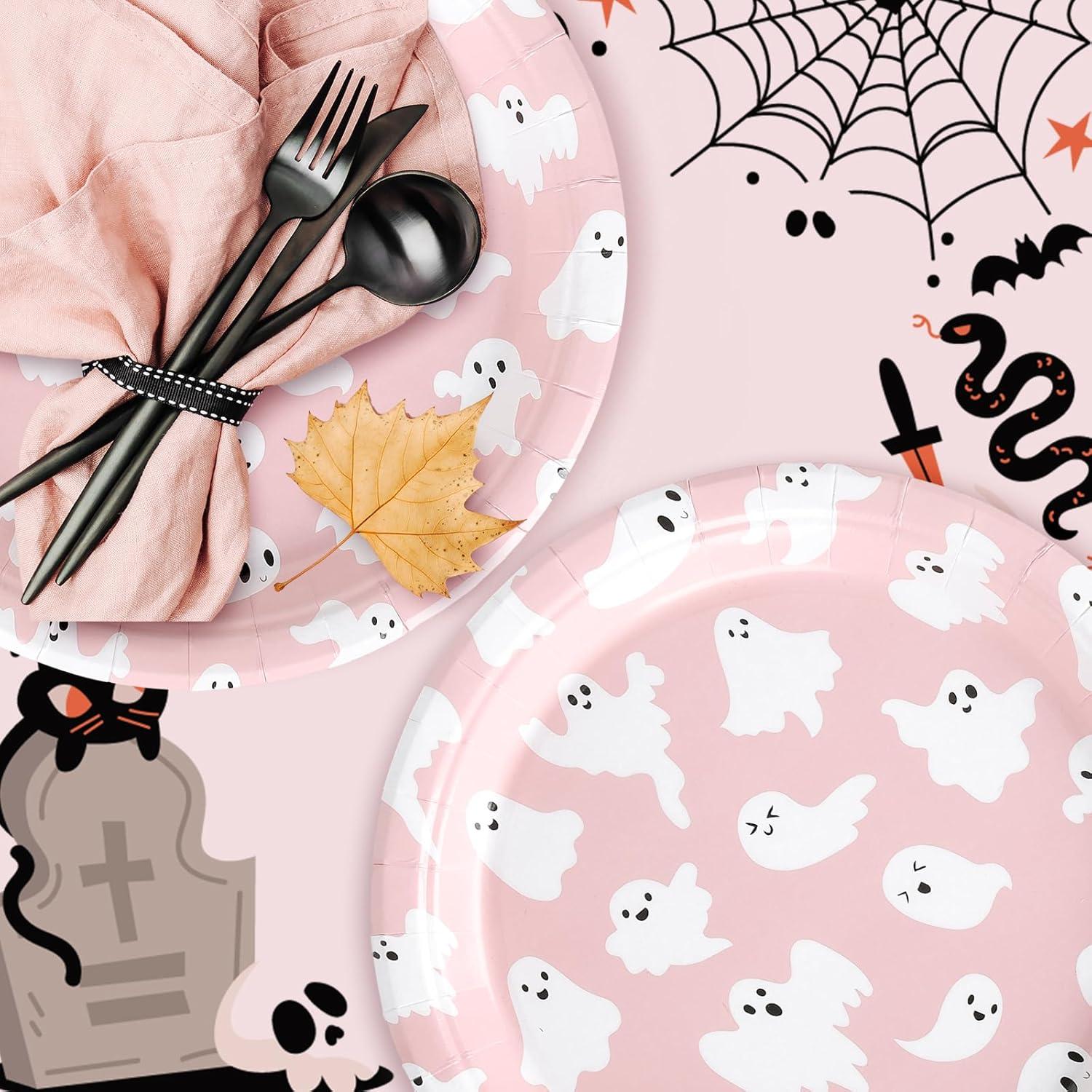 imageWhaline 40Pcs Halloween Paper Plates Pink Ghost Disposable Plates 9 Inch Cute Cartoon Ghost Decorative Round Plates for Halloween Summerween Party Birthday Baby Shower Table DecorGhost