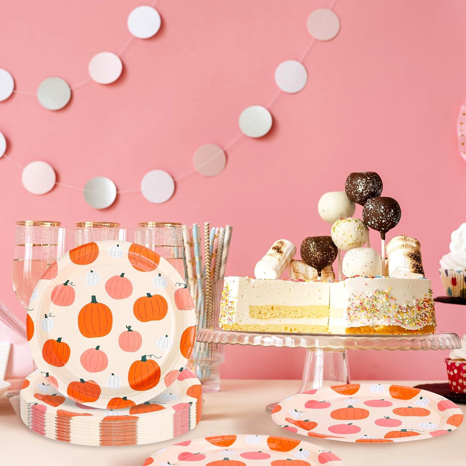 imageWhaline 40Pcs Halloween Paper Plates Pink Ghost Disposable Plates 9 Inch Cute Cartoon Ghost Decorative Round Plates for Halloween Summerween Party Birthday Baby Shower Table DecorPumpkin