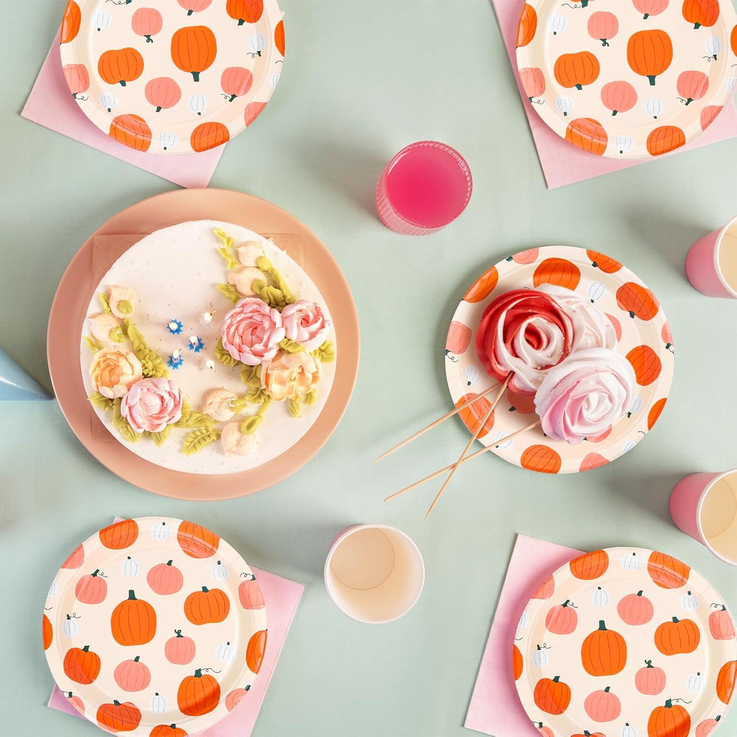 imageWhaline 40Pcs Halloween Paper Plates Pink Ghost Disposable Plates 9 Inch Cute Cartoon Ghost Decorative Round Plates for Halloween Summerween Party Birthday Baby Shower Table DecorPumpkin