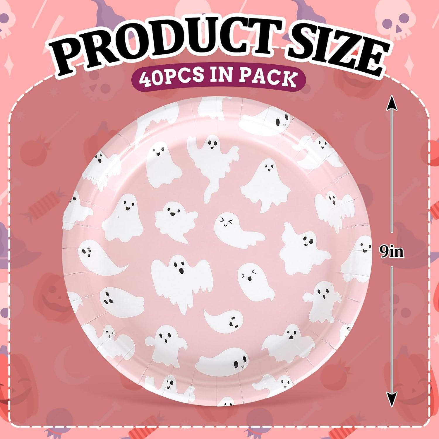 imageWhaline 40Pcs Halloween Paper Plates Pink Ghost Disposable Plates 9 Inch Cute Cartoon Ghost Decorative Round Plates for Halloween Summerween Party Birthday Baby Shower Table DecorGhost