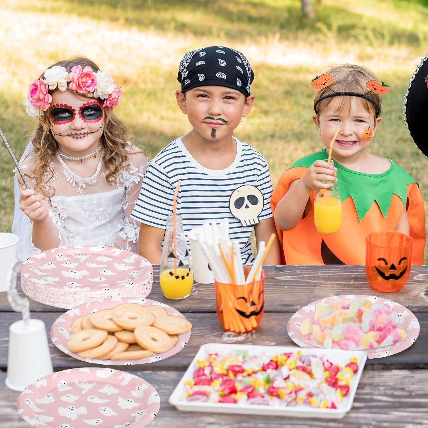 imageWhaline 40Pcs Halloween Paper Plates Pink Ghost Disposable Plates 9 Inch Cute Cartoon Ghost Decorative Round Plates for Halloween Summerween Party Birthday Baby Shower Table DecorGhost