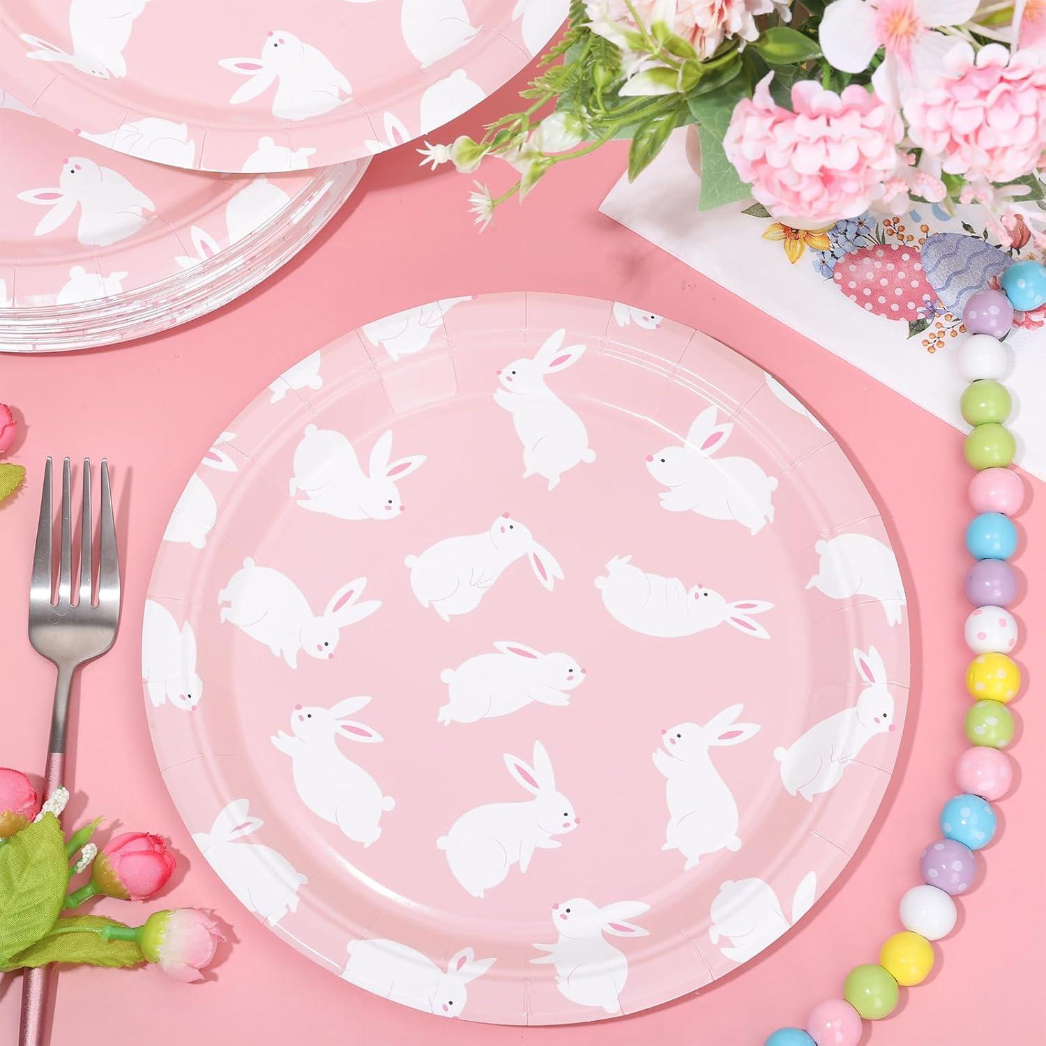 imageWhaline 40Pcs Halloween Paper Plates Pink Ghost Disposable Plates 9 Inch Cute Cartoon Ghost Decorative Round Plates for Halloween Summerween Party Birthday Baby Shower Table DecorBunny