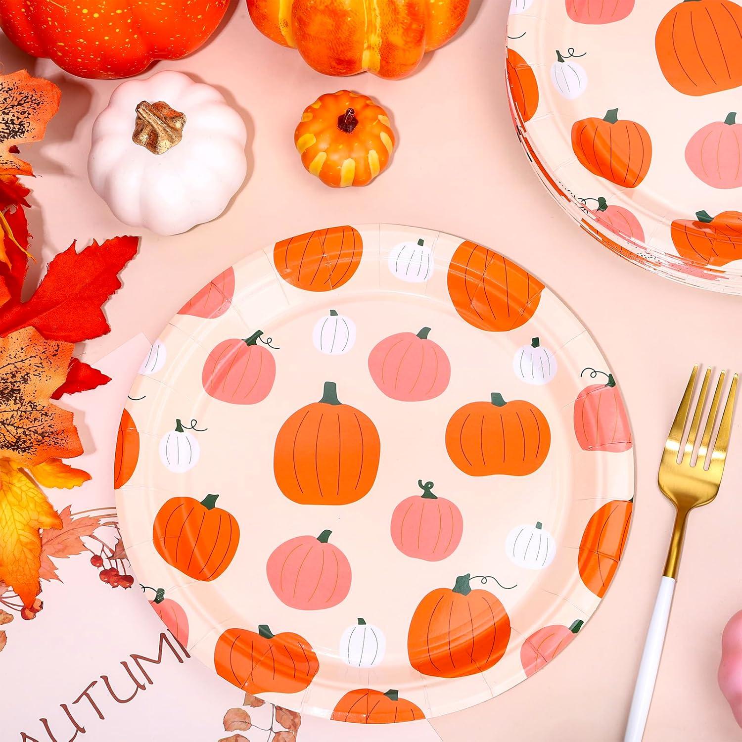 imageWhaline 40Pcs Halloween Paper Plates Pink Ghost Disposable Plates 9 Inch Cute Cartoon Ghost Decorative Round Plates for Halloween Summerween Party Birthday Baby Shower Table DecorPumpkin