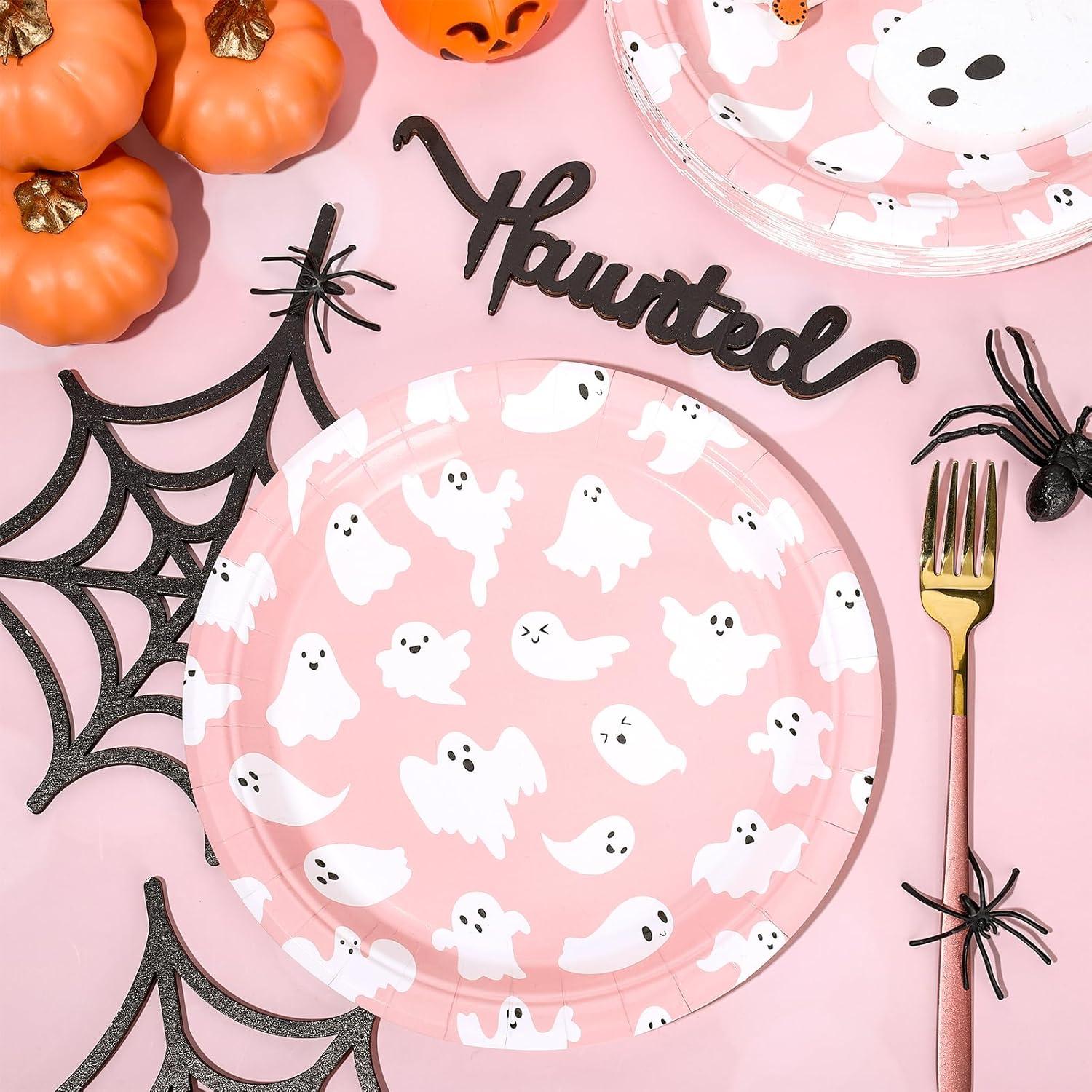 imageWhaline 40Pcs Halloween Paper Plates Pink Ghost Disposable Plates 9 Inch Cute Cartoon Ghost Decorative Round Plates for Halloween Summerween Party Birthday Baby Shower Table DecorGhost