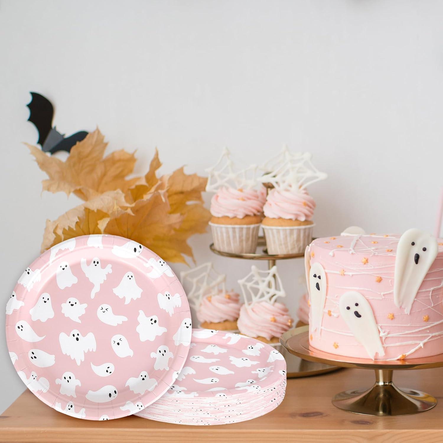 imageWhaline 40Pcs Halloween Paper Plates Pink Ghost Disposable Plates 9 Inch Cute Cartoon Ghost Decorative Round Plates for Halloween Summerween Party Birthday Baby Shower Table DecorGhost