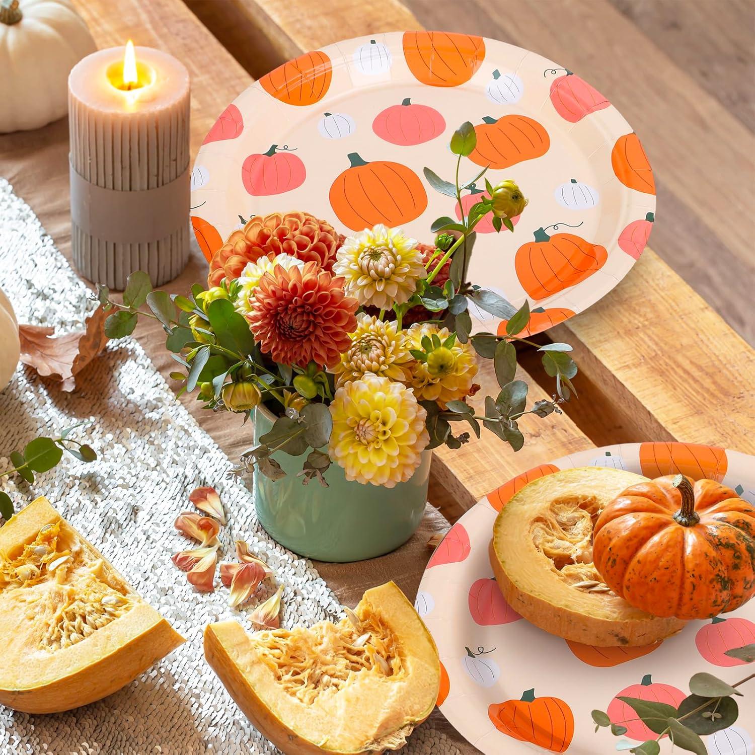 imageWhaline 40Pcs Halloween Paper Plates Pink Ghost Disposable Plates 9 Inch Cute Cartoon Ghost Decorative Round Plates for Halloween Summerween Party Birthday Baby Shower Table DecorPumpkin