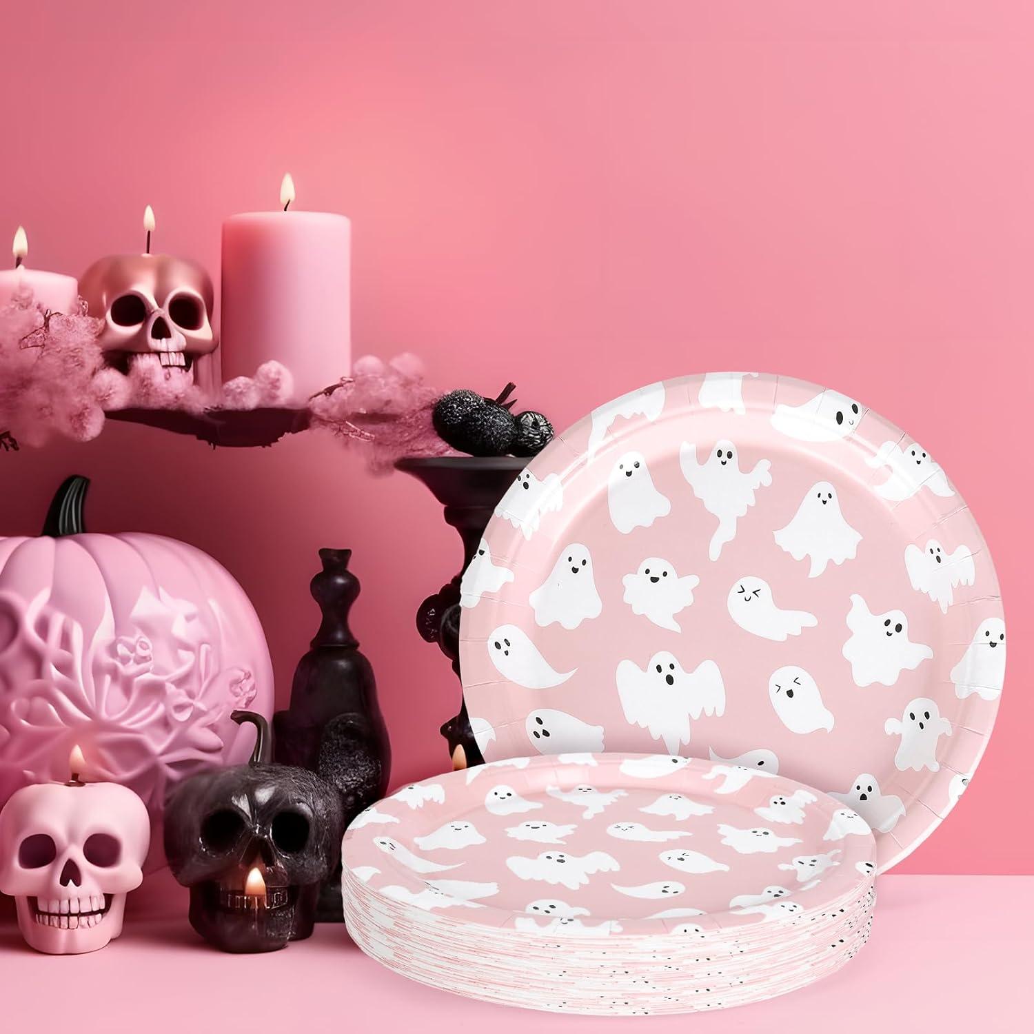 imageWhaline 40Pcs Halloween Paper Plates Pink Ghost Disposable Plates 9 Inch Cute Cartoon Ghost Decorative Round Plates for Halloween Summerween Party Birthday Baby Shower Table DecorGhost