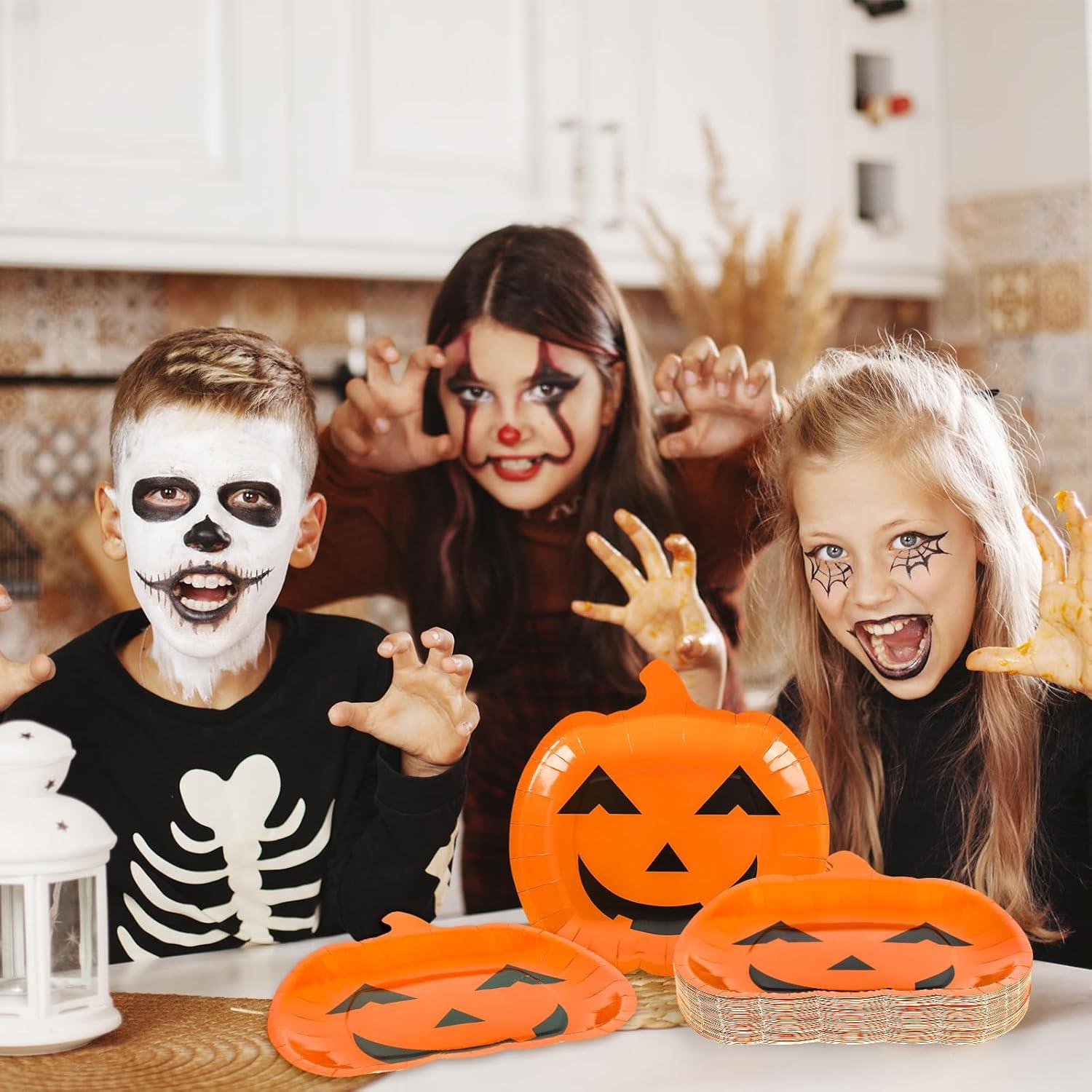 imageWhaline 40Pcs Halloween Paper Plates Pink Pumpkin Shaped Disposable Plates Cute Grimace Pumpkin Pattern Decorative Plates for Halloween Holiday Birthday Party Baby Shower Dinner Tableware SuppliesOrange