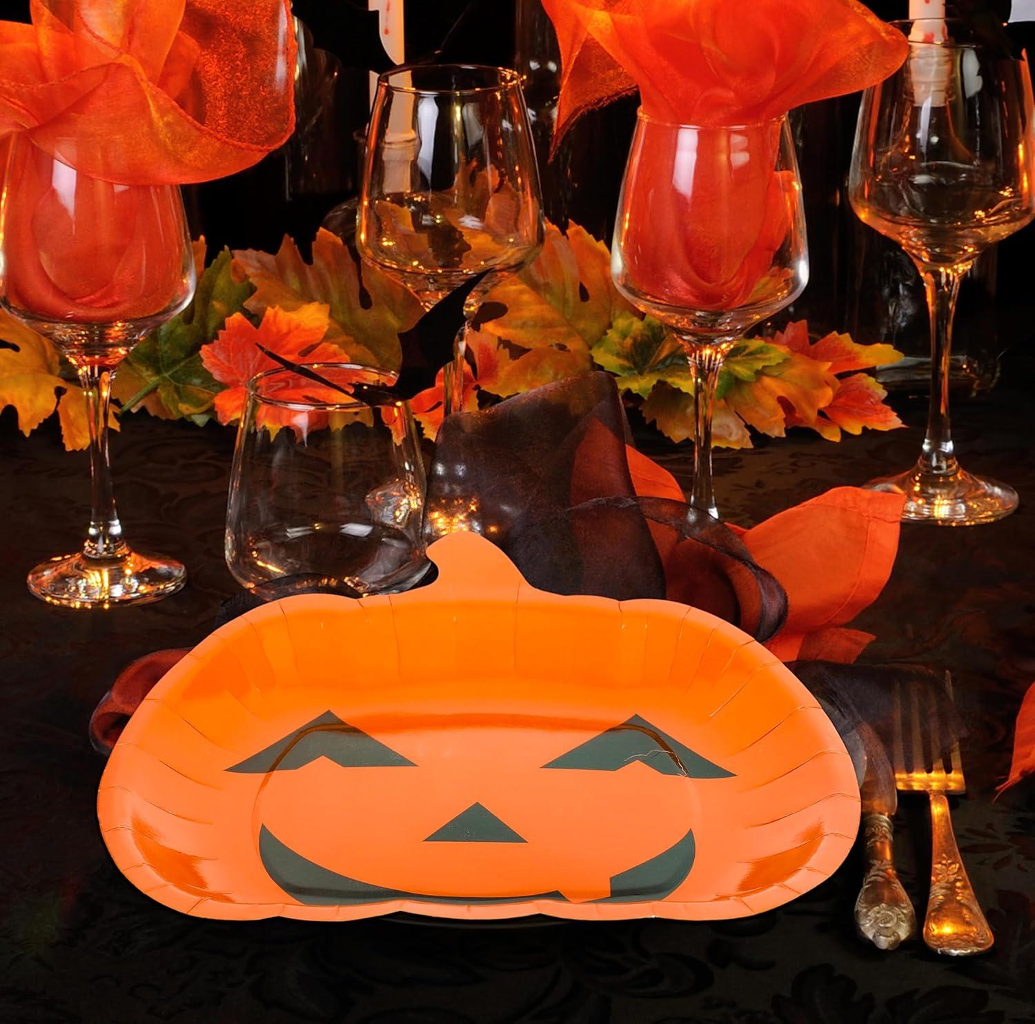 imageWhaline 40Pcs Halloween Paper Plates Pink Pumpkin Shaped Disposable Plates Cute Grimace Pumpkin Pattern Decorative Plates for Halloween Holiday Birthday Party Baby Shower Dinner Tableware SuppliesOrange