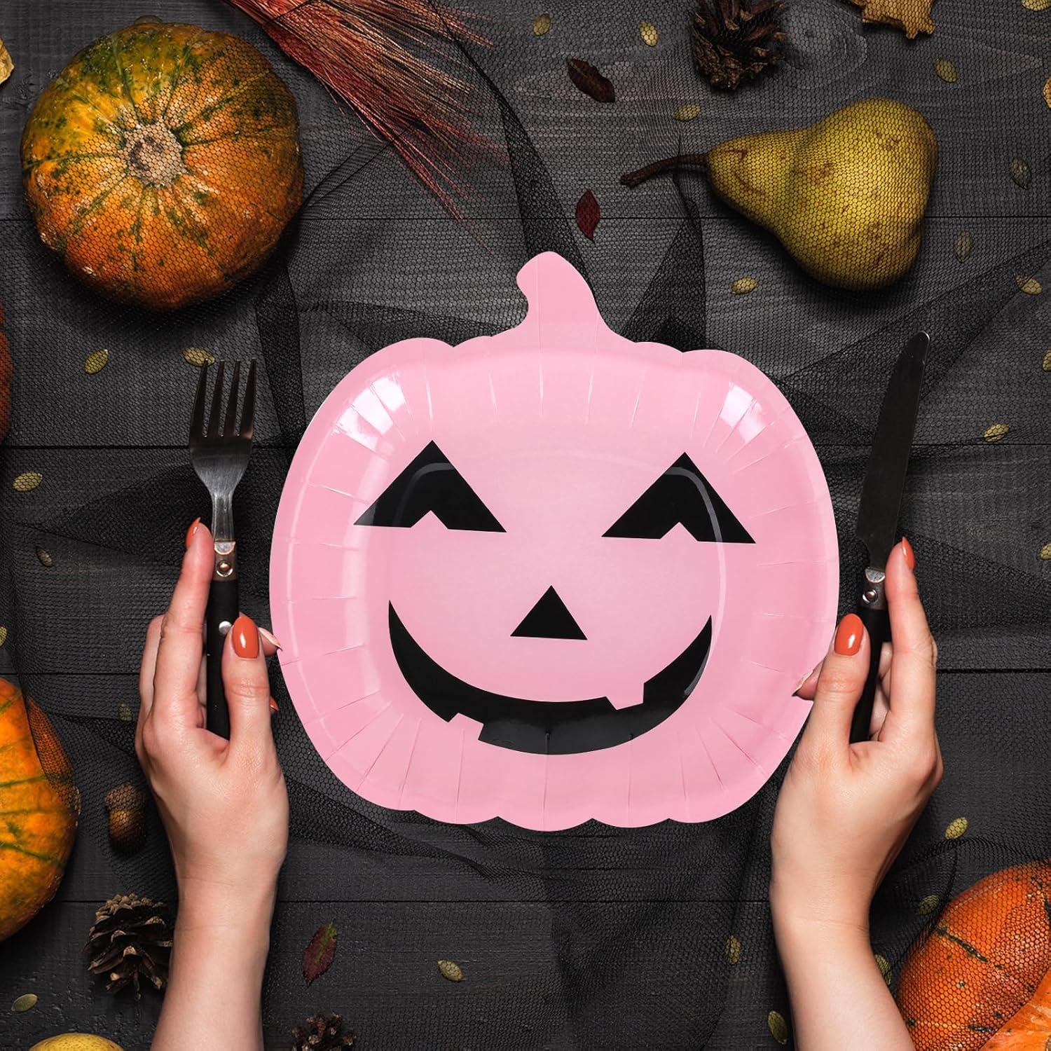 imageWhaline 40Pcs Halloween Paper Plates Pink Pumpkin Shaped Disposable Plates Cute Grimace Pumpkin Pattern Decorative Plates for Halloween Holiday Birthday Party Baby Shower Dinner Tableware SuppliesPink