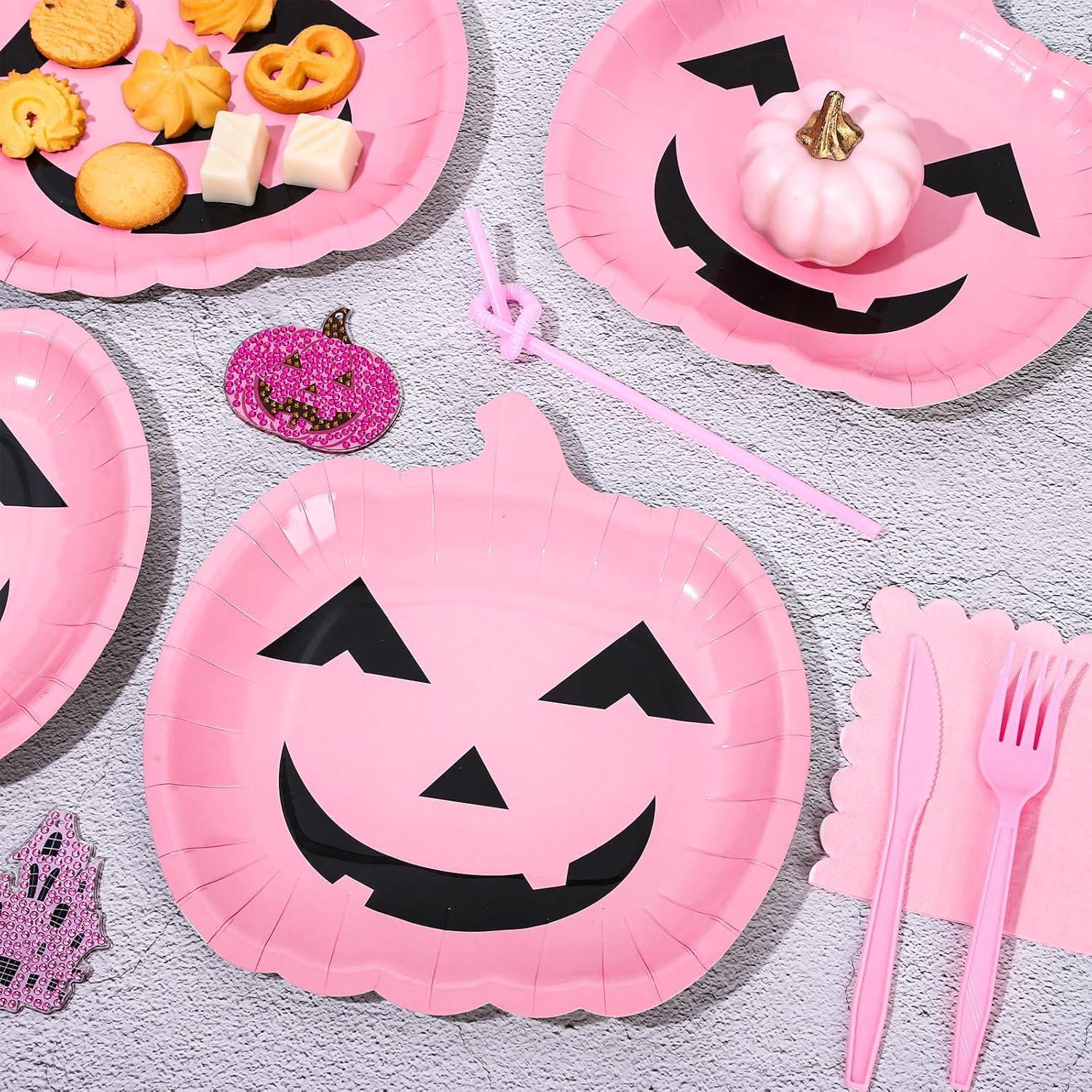 imageWhaline 40Pcs Halloween Paper Plates Pink Pumpkin Shaped Disposable Plates Cute Grimace Pumpkin Pattern Decorative Plates for Halloween Holiday Birthday Party Baby Shower Dinner Tableware SuppliesPink