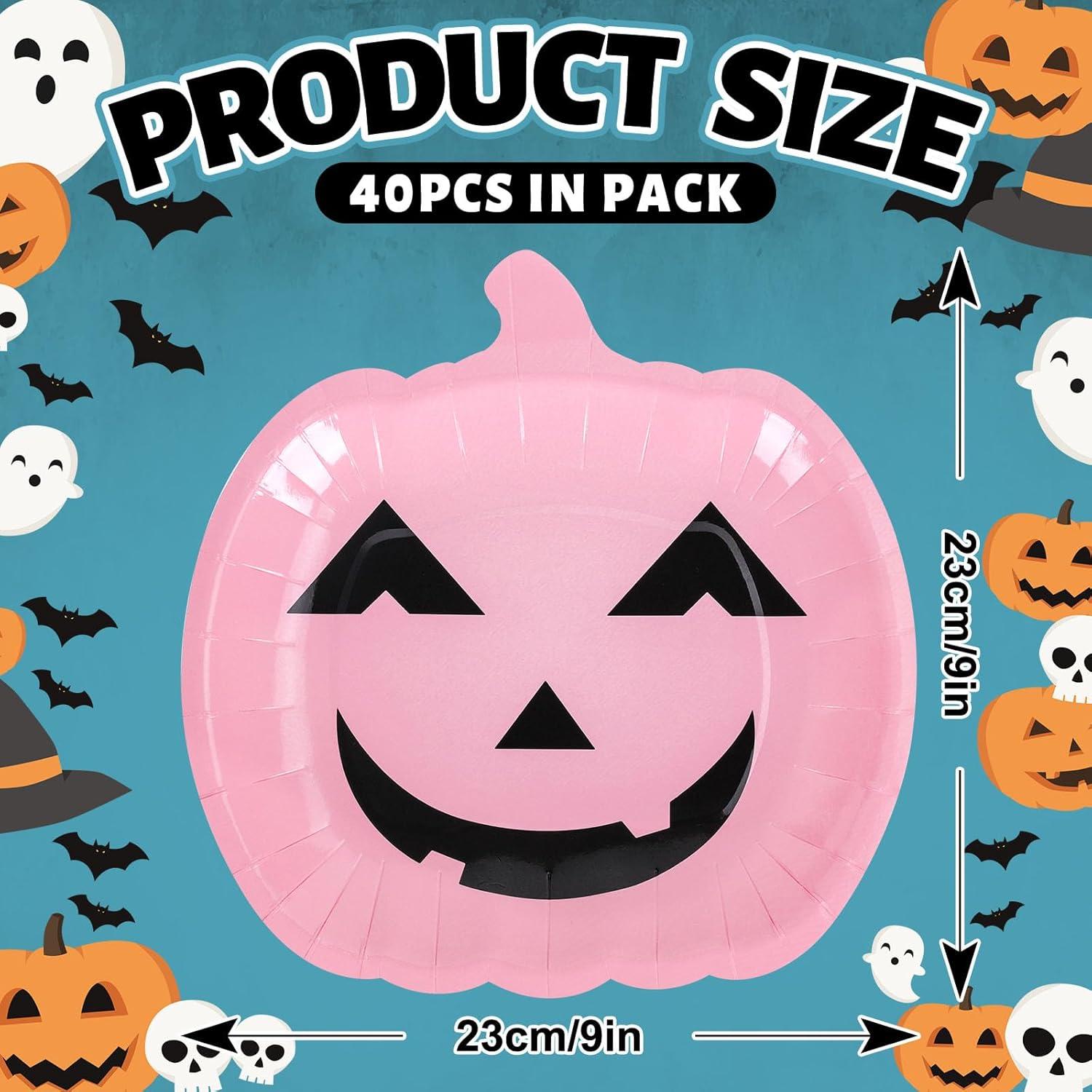 imageWhaline 40Pcs Halloween Paper Plates Pink Pumpkin Shaped Disposable Plates Cute Grimace Pumpkin Pattern Decorative Plates for Halloween Holiday Birthday Party Baby Shower Dinner Tableware SuppliesPink