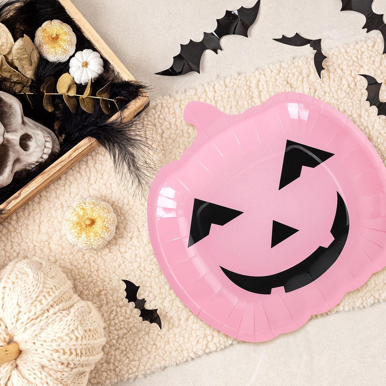 imageWhaline 40Pcs Halloween Paper Plates Pink Pumpkin Shaped Disposable Plates Cute Grimace Pumpkin Pattern Decorative Plates for Halloween Holiday Birthday Party Baby Shower Dinner Tableware SuppliesPink
