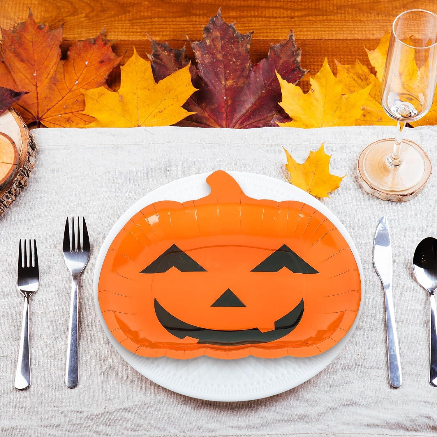 imageWhaline 40Pcs Halloween Paper Plates Pink Pumpkin Shaped Disposable Plates Cute Grimace Pumpkin Pattern Decorative Plates for Halloween Holiday Birthday Party Baby Shower Dinner Tableware SuppliesOrange