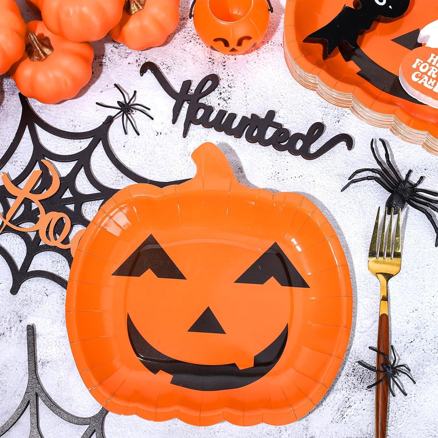 imageWhaline 40Pcs Halloween Paper Plates Pink Pumpkin Shaped Disposable Plates Cute Grimace Pumpkin Pattern Decorative Plates for Halloween Holiday Birthday Party Baby Shower Dinner Tableware SuppliesOrange