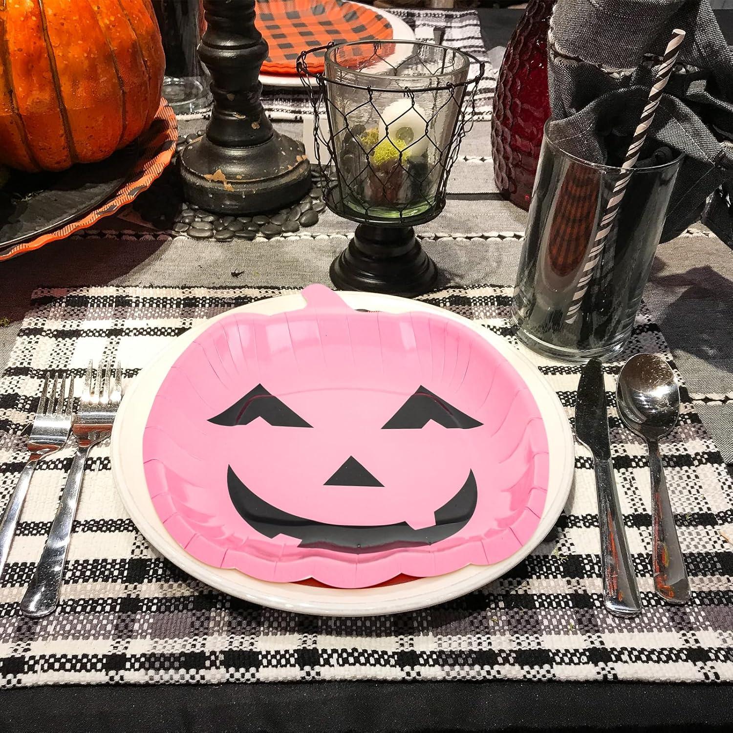 imageWhaline 40Pcs Halloween Paper Plates Pink Pumpkin Shaped Disposable Plates Cute Grimace Pumpkin Pattern Decorative Plates for Halloween Holiday Birthday Party Baby Shower Dinner Tableware SuppliesPink