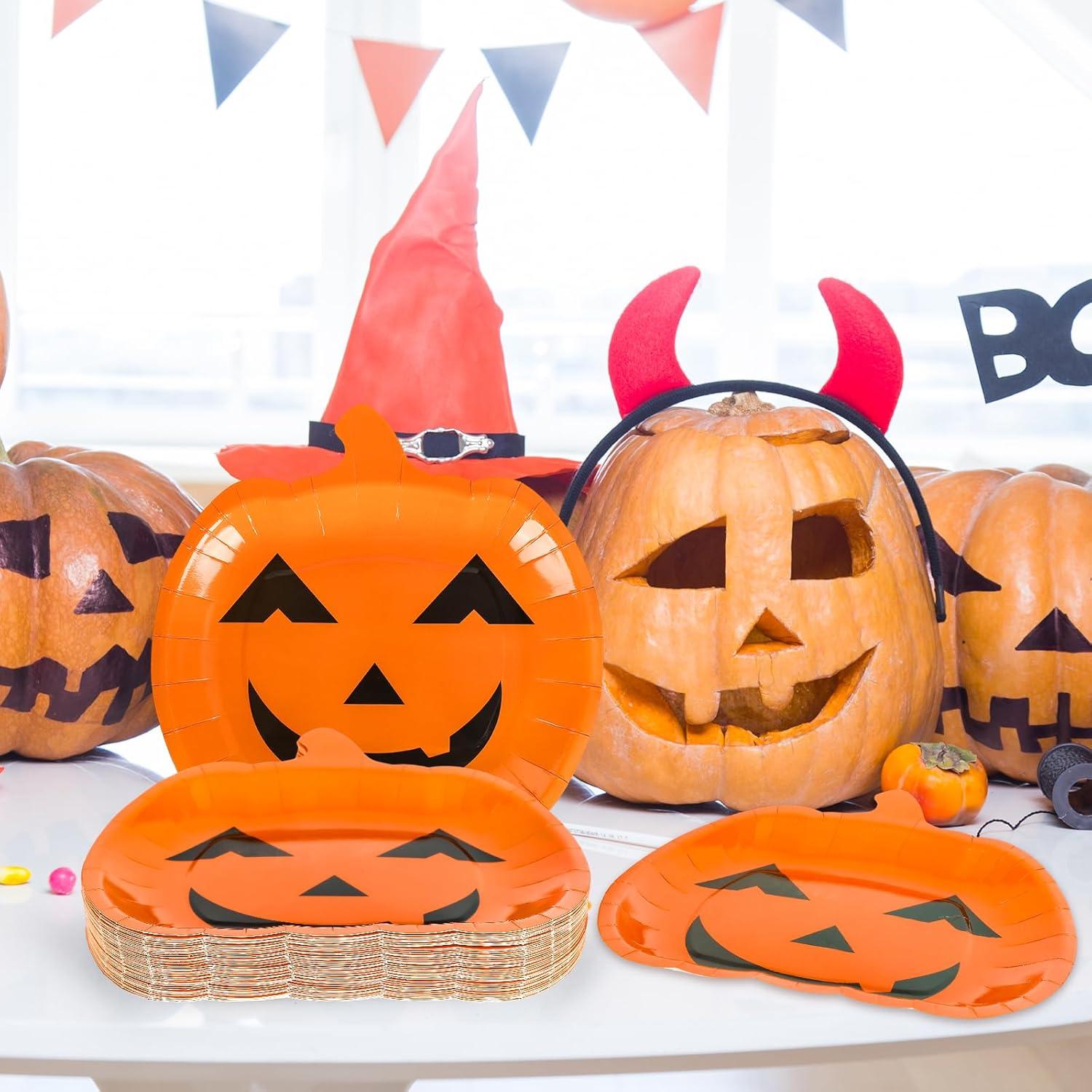 imageWhaline 40Pcs Halloween Paper Plates Pink Pumpkin Shaped Disposable Plates Cute Grimace Pumpkin Pattern Decorative Plates for Halloween Holiday Birthday Party Baby Shower Dinner Tableware SuppliesOrange