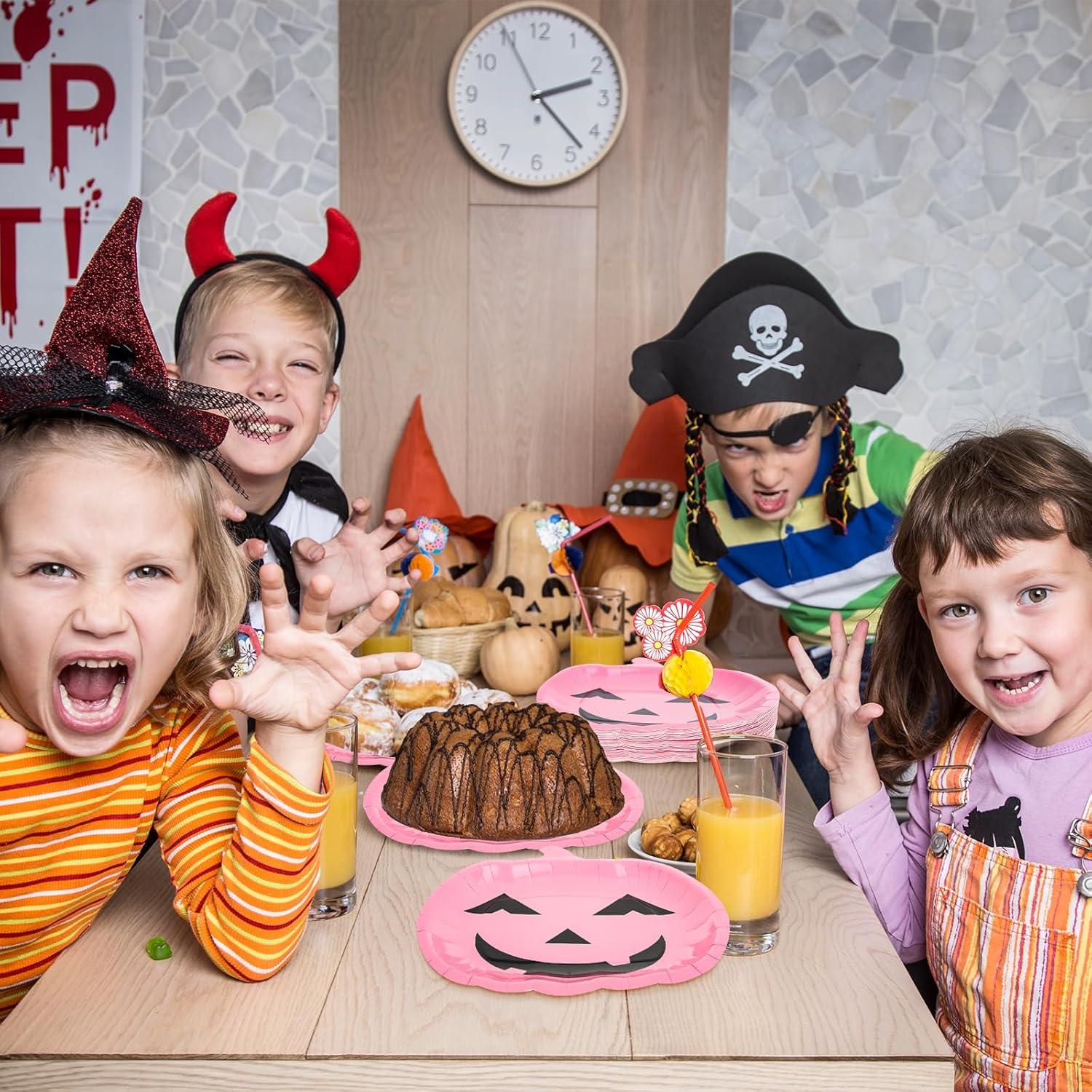 imageWhaline 40Pcs Halloween Paper Plates Pink Pumpkin Shaped Disposable Plates Cute Grimace Pumpkin Pattern Decorative Plates for Halloween Holiday Birthday Party Baby Shower Dinner Tableware SuppliesPink