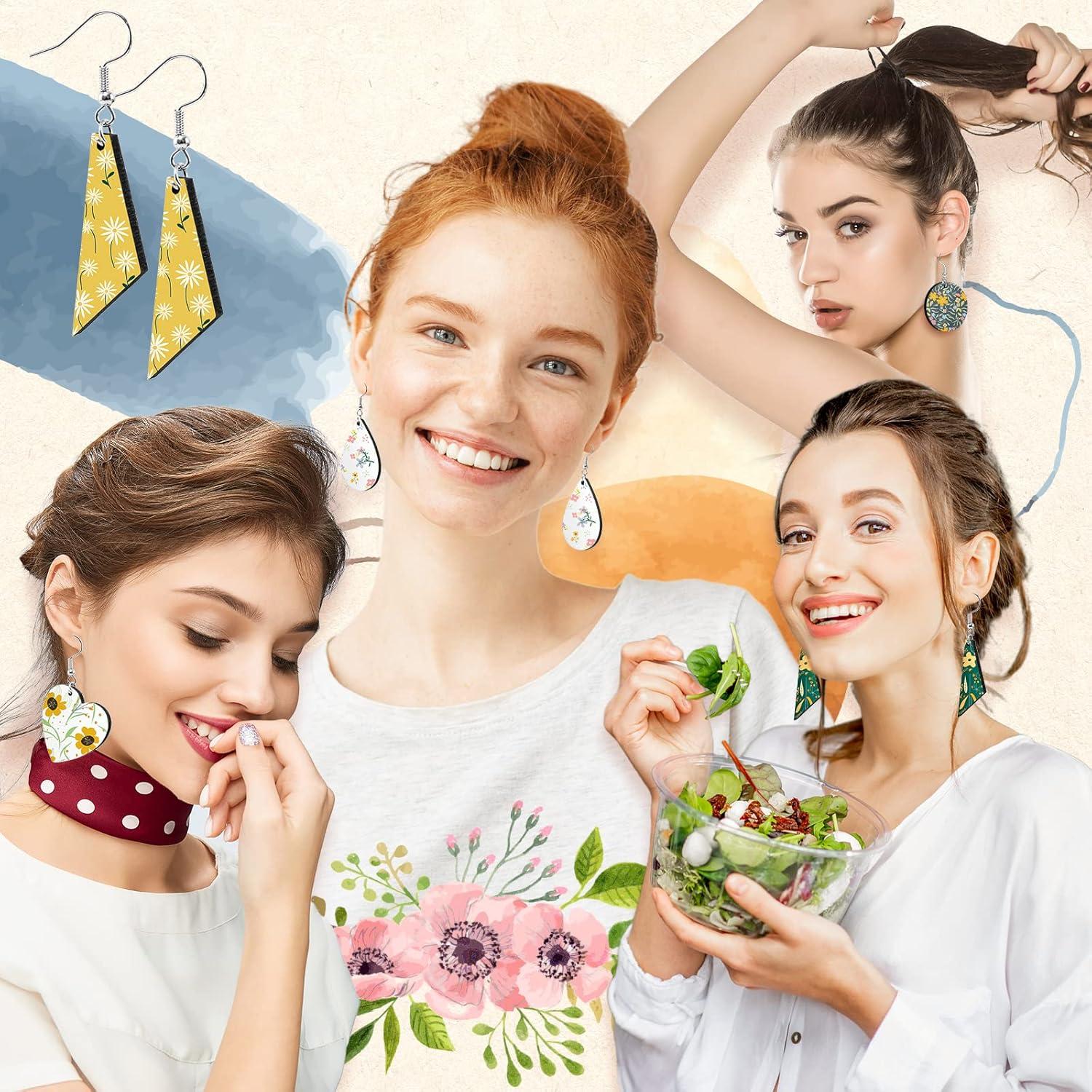 imageWhaline 40Pcs Sublimation Blank Earrings Round Heart Teardrop Irregular Square MDF Board White Earrings Heat Transfer Earring Unfinished Wood Earring for Jewelry DIY Making Crafts Supplies