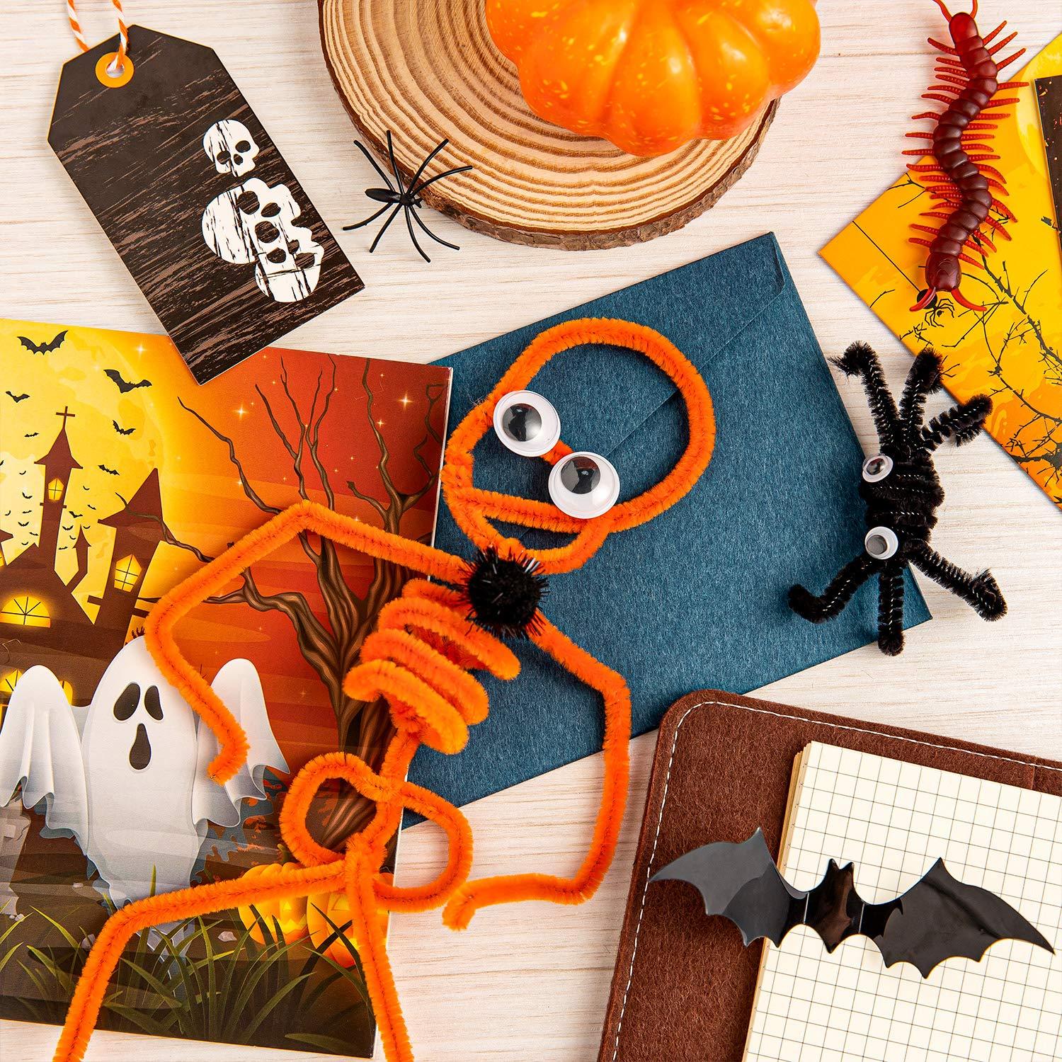 imageWhaline 450Pcs Halloween Pipe Cleaners Set Includes 5 Colors Chenille Stems 5 Sizes Wiggle Googly Eyes 4 Sizes Pompoms for Halloween Party DIY Art Craft Supplies Black Orange White