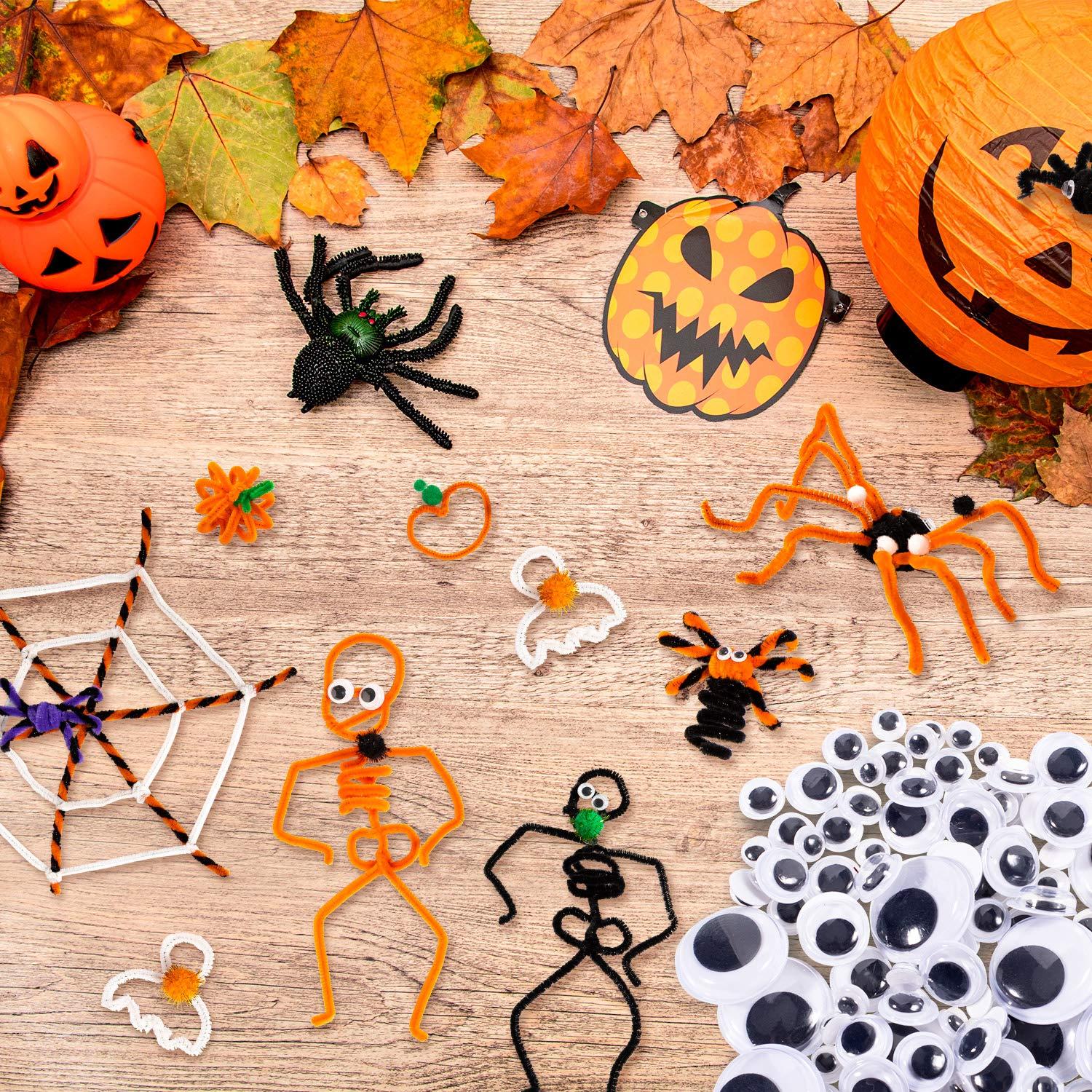imageWhaline 450Pcs Halloween Pipe Cleaners Set Includes 5 Colors Chenille Stems 5 Sizes Wiggle Googly Eyes 4 Sizes Pompoms for Halloween Party DIY Art Craft Supplies Black Orange White