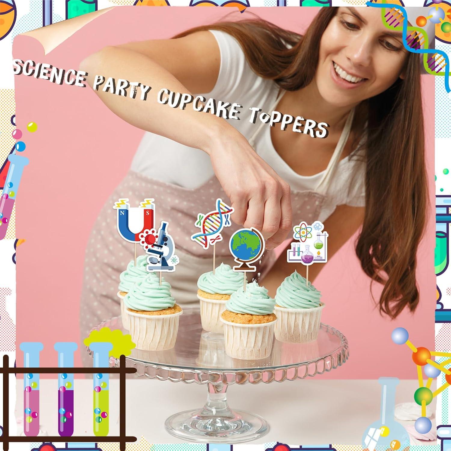imageWhaline 48Pcs Science Party Cupcake Toppers Cartoon Cupcake Dessert Topper Picks Cupcake Decoration for Baby Shower Birthday Party Decoration Supplies