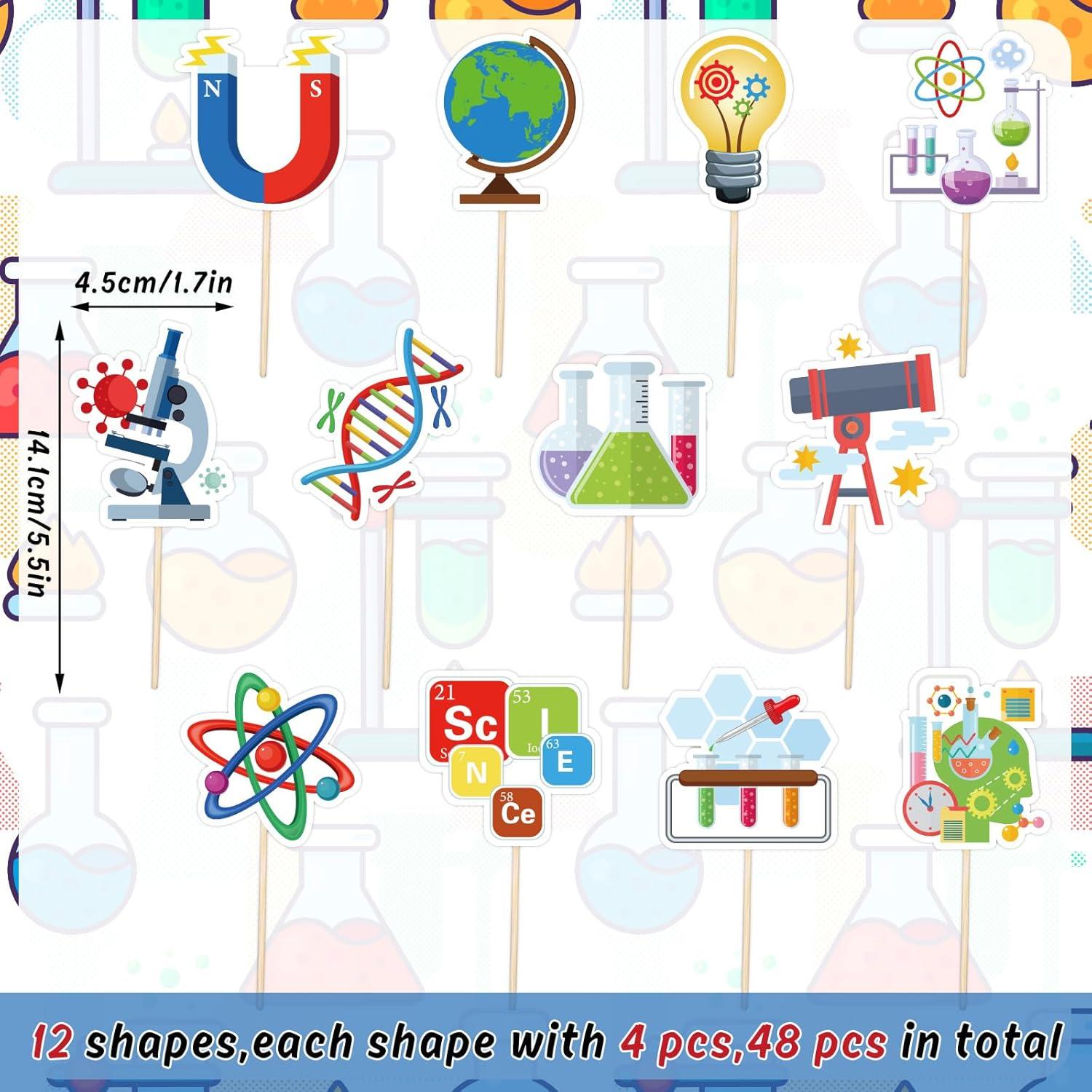 imageWhaline 48Pcs Science Party Cupcake Toppers Cartoon Cupcake Dessert Topper Picks Cupcake Decoration for Baby Shower Birthday Party Decoration Supplies