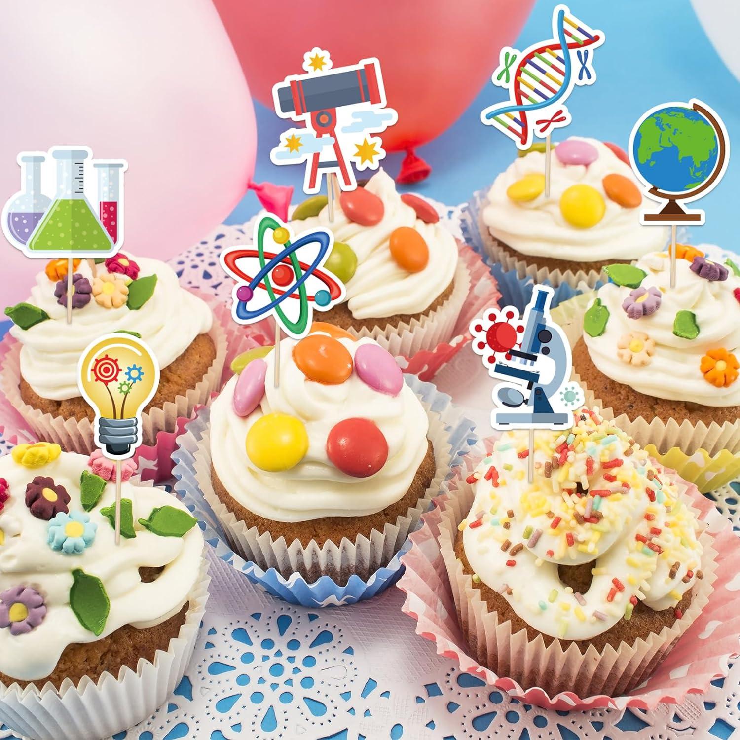 imageWhaline 48Pcs Science Party Cupcake Toppers Cartoon Cupcake Dessert Topper Picks Cupcake Decoration for Baby Shower Birthday Party Decoration Supplies