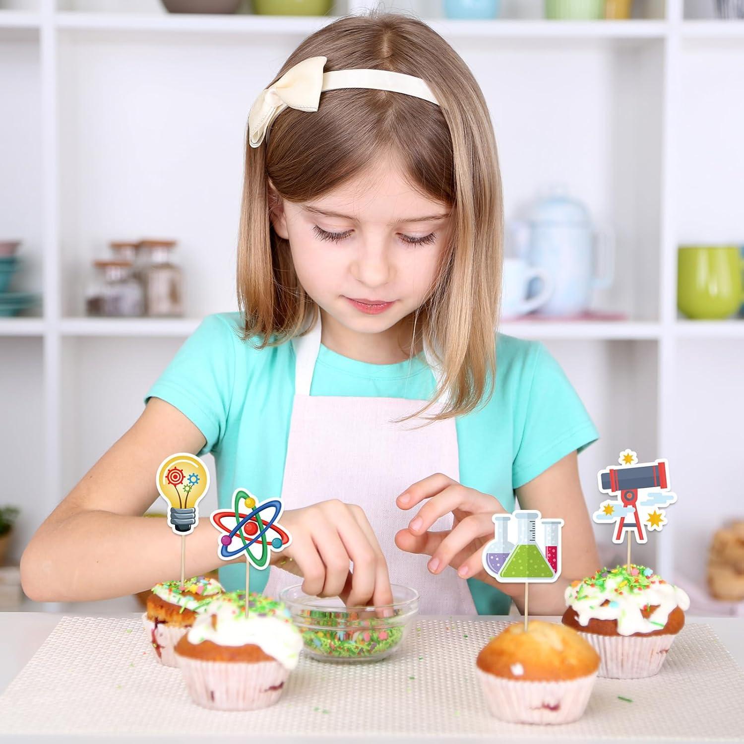 imageWhaline 48Pcs Science Party Cupcake Toppers Cartoon Cupcake Dessert Topper Picks Cupcake Decoration for Baby Shower Birthday Party Decoration Supplies