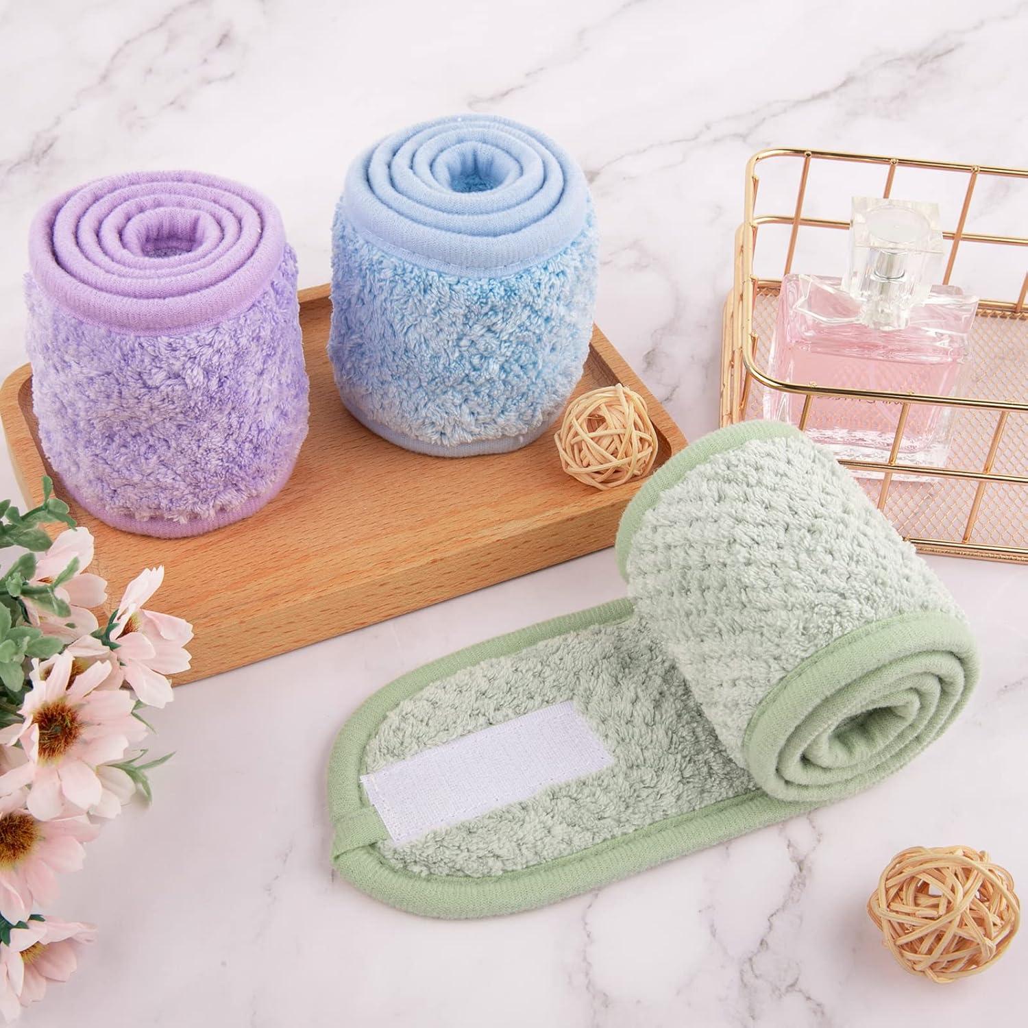 imageWhaline 4Pcs Spa Facial Headband Super Absorption Makeup Hair Wrap Adjustable Coral Fleece Hair Band Soft Towel Head Band for Face Washing Shower SportsPea Green PinkOrange Blue Light Purple