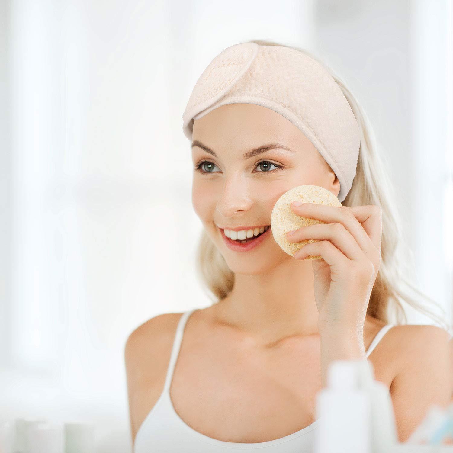 imageWhaline 4Pcs Spa Facial Headband Super Absorption Makeup Hair Wrap Adjustable Coral Fleece Hair Band Soft Towel Head Band for Face Washing Shower SportsPea Green Pink Beige Light Gray