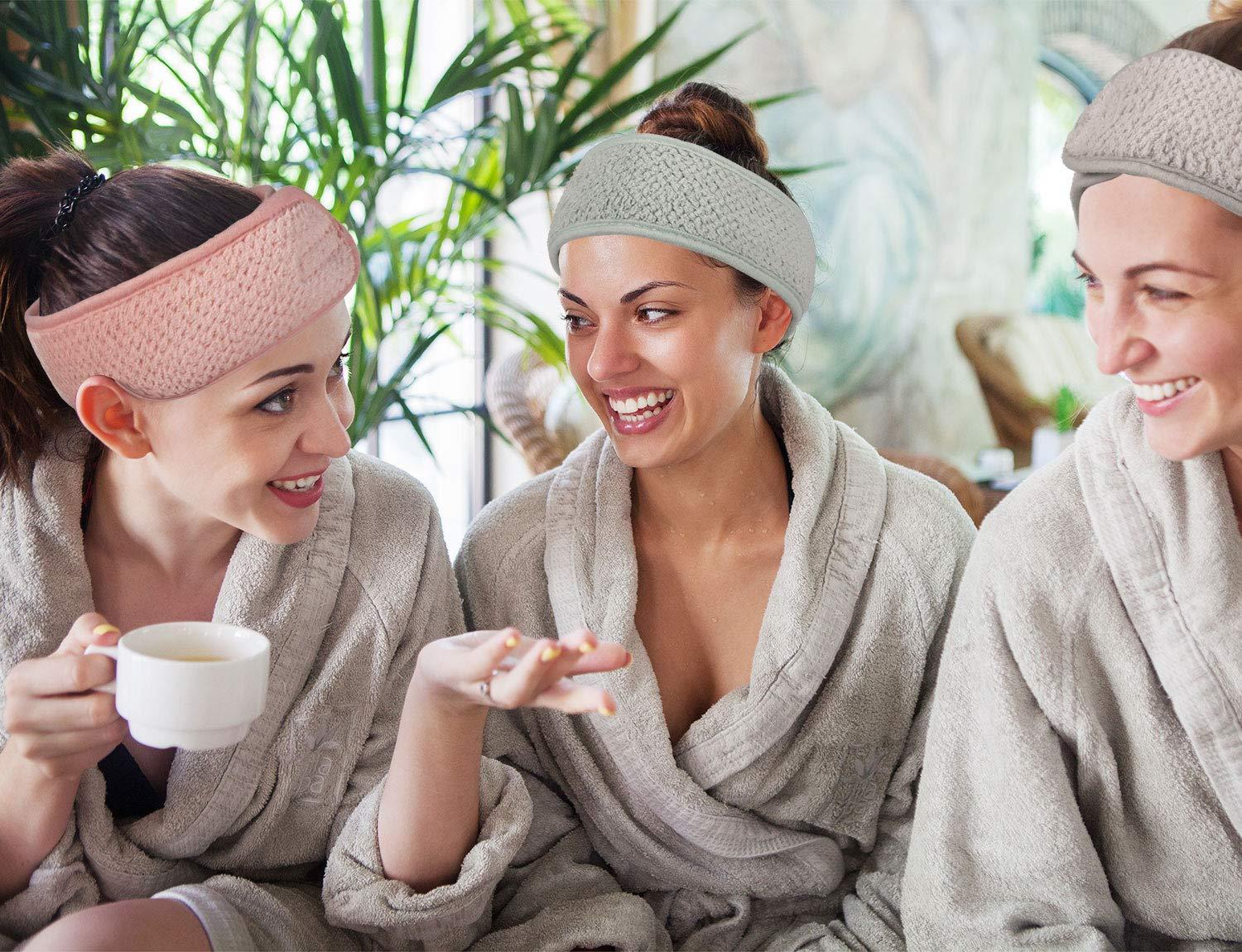 imageWhaline 4Pcs Spa Facial Headband Super Absorption Makeup Hair Wrap Adjustable Coral Fleece Hair Band Soft Towel Head Band for Face Washing Shower SportsPea Green Pink Beige Light Gray